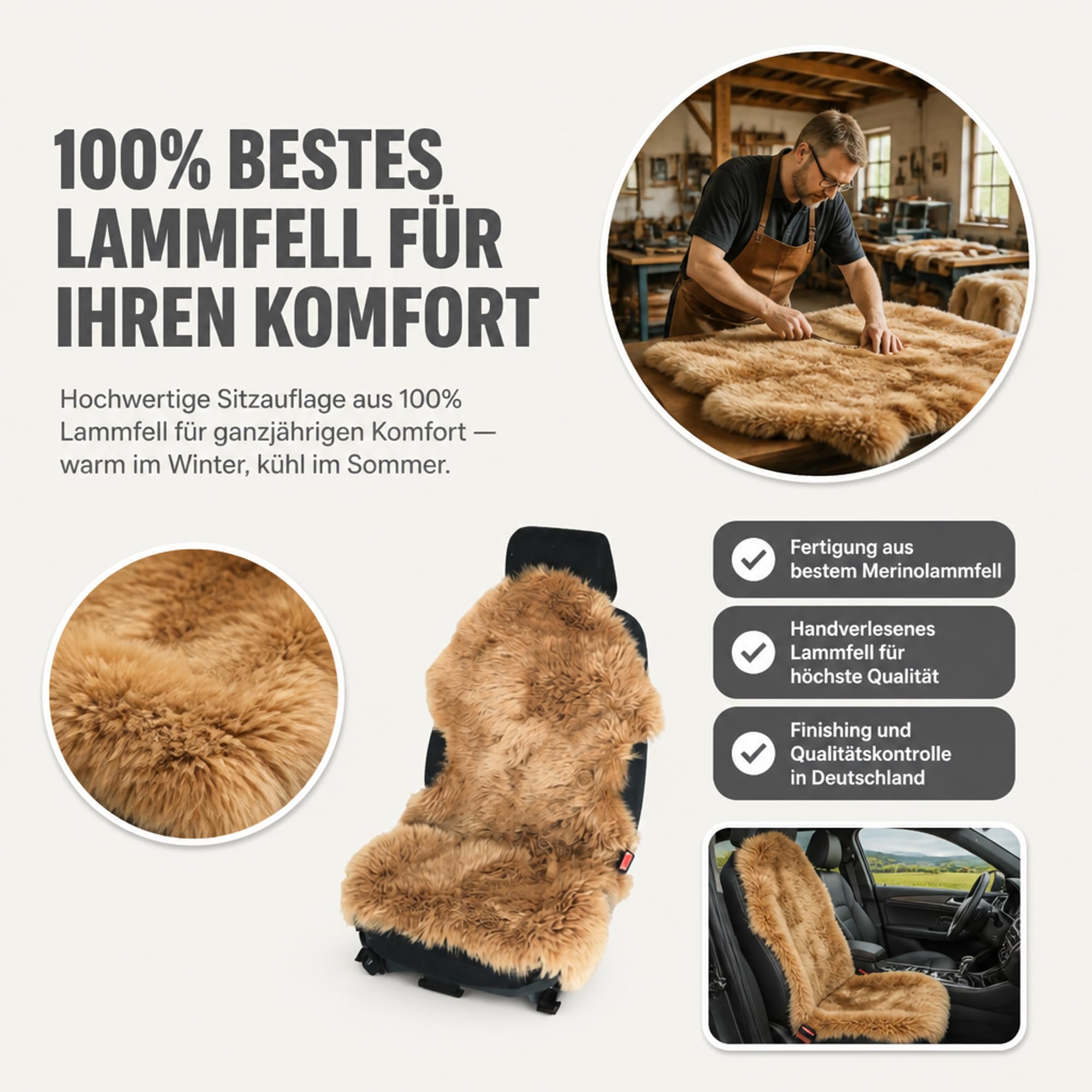 Lammfell Autositzauflage für Ledersitze – wärmend und atmungsaktiv – Naturform langwollig, 115 x 65 cm (Kamel)