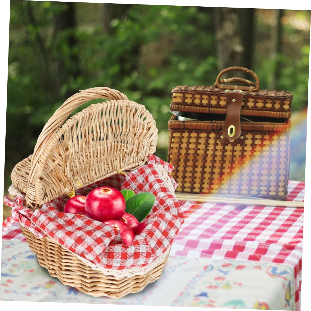 Cesta de Tejido de Mimbre para Picnic al Aire Libre Tapa, Tamaño 26x18x15 Cm, Color Natural Forro Rojo a Cuadros, Cesta Multiusos para Frutas y Alimentos