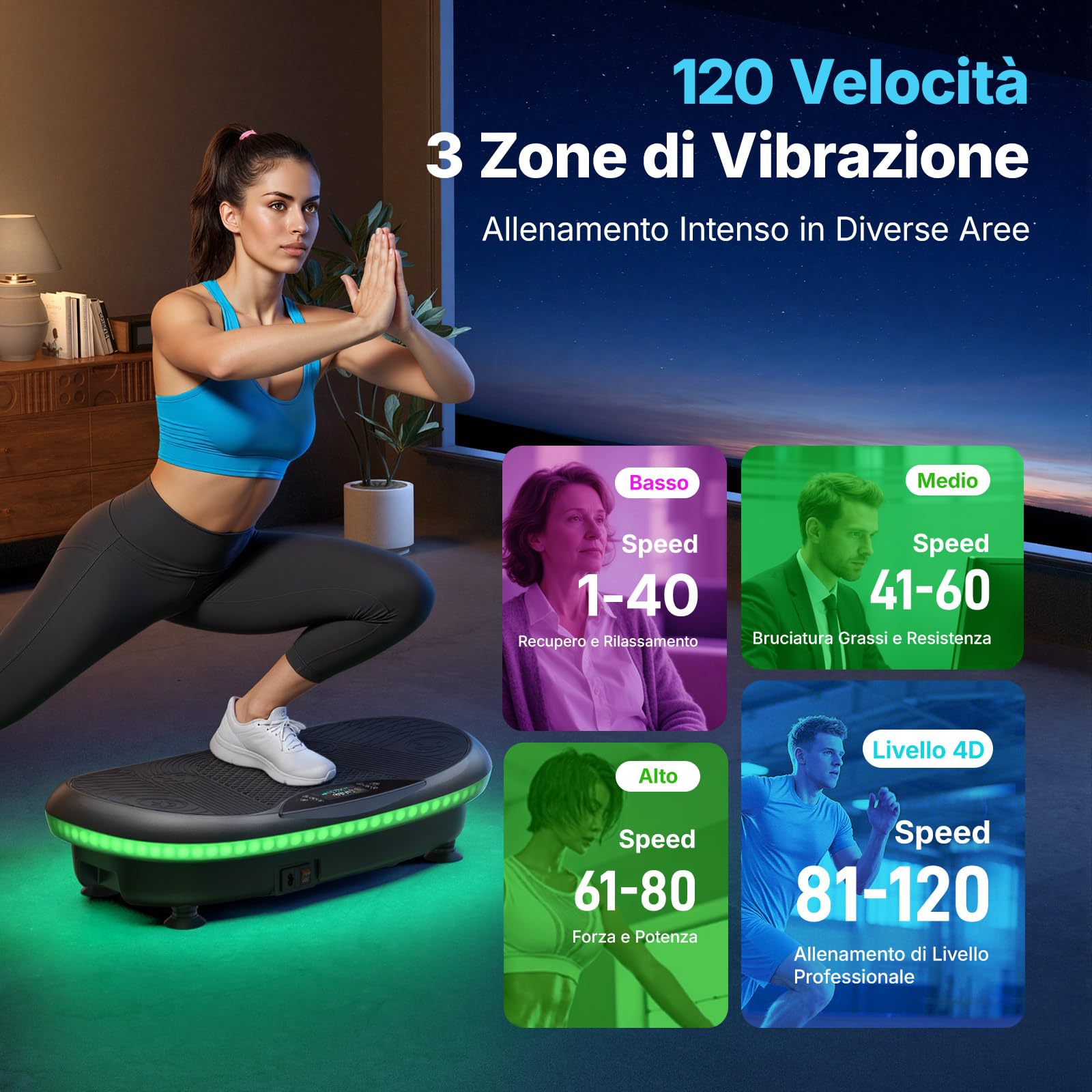 MERACH 4D Pedana Vibrante Con 7 Modalità Di Vibrazione, 120 Livelli Di Velocità, 5 Programmi Intelligenti, Altoparlante Bluetooth Integrato E Luce Ambientale