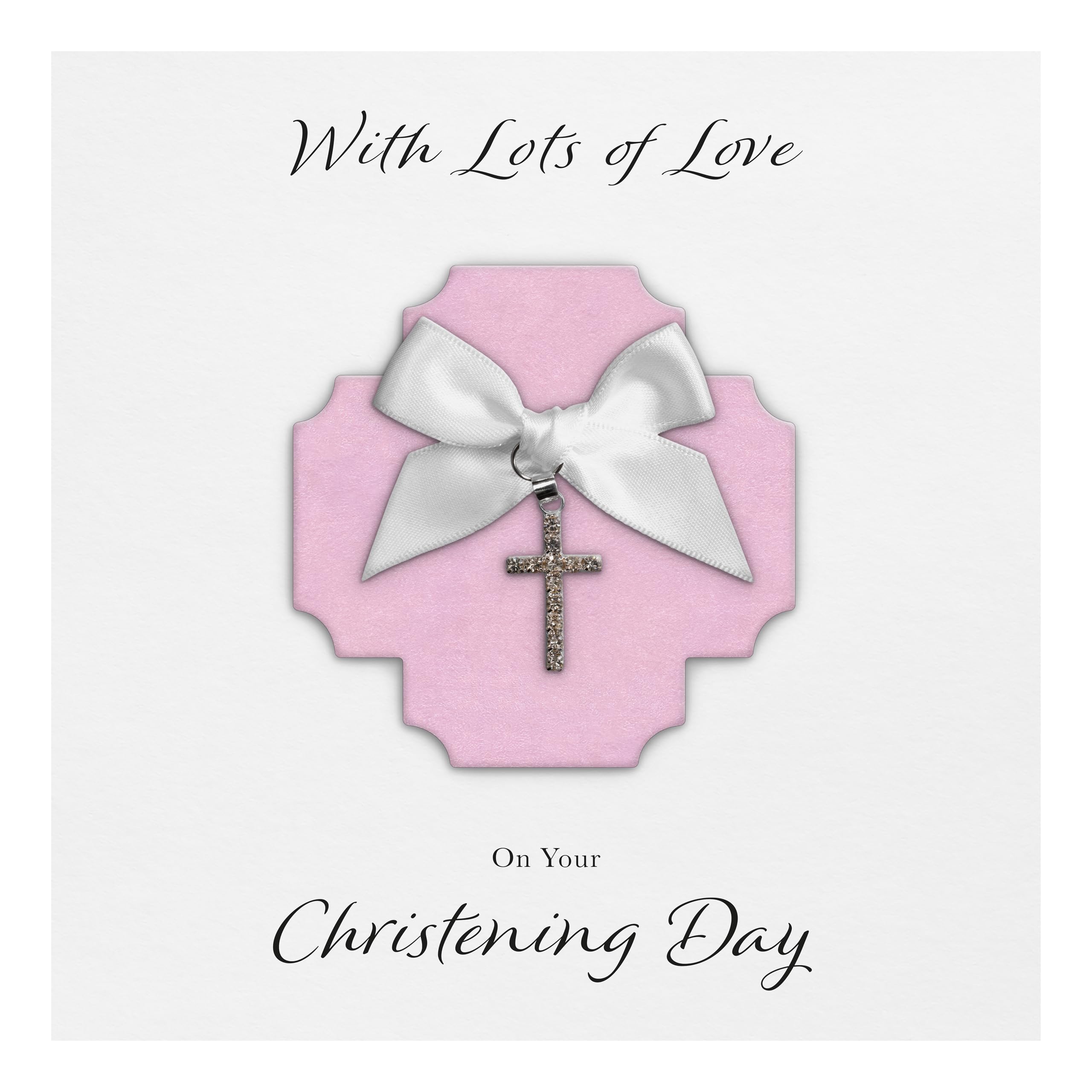 Christening Card "Diamanté Cross Charm & Bow" - Handmade UK (Pink Cross/White Bow)