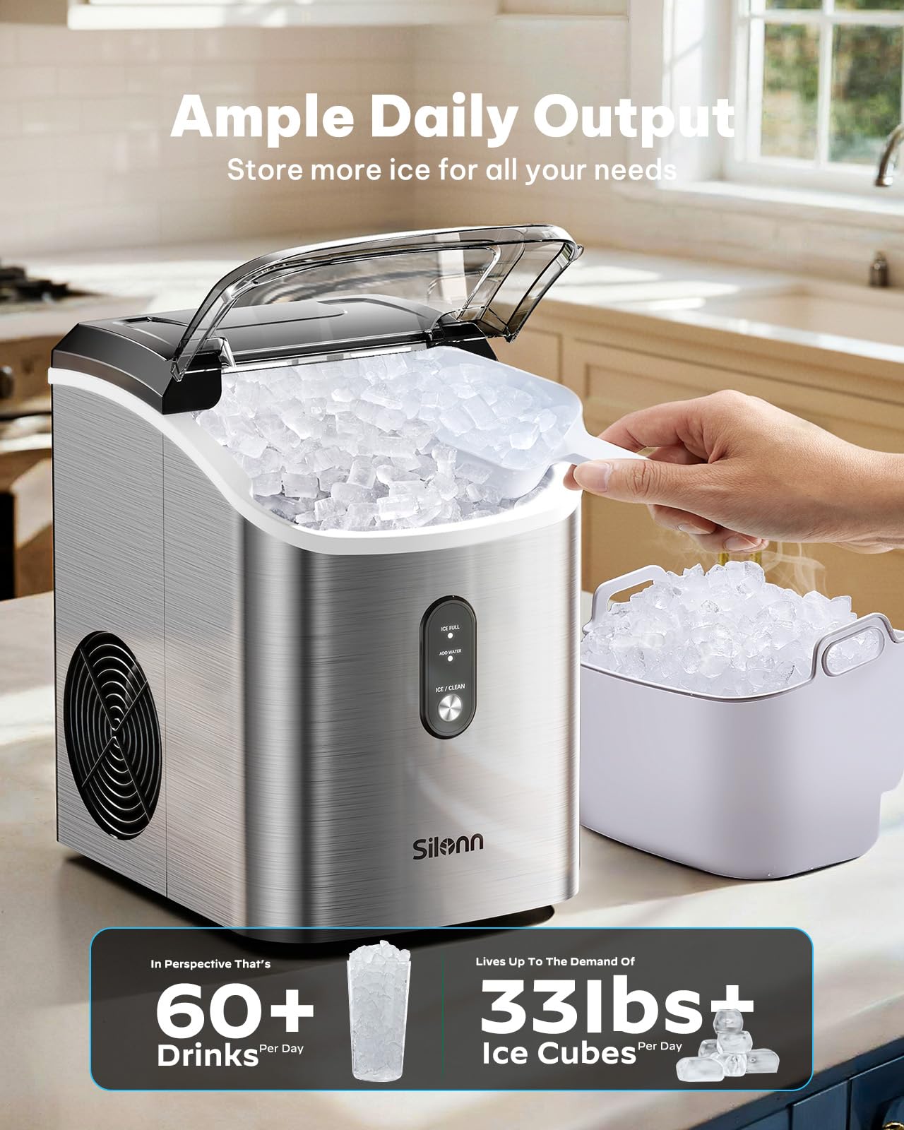 Silonn Nugget Ice Maker Countertop, Pellet Ice Machine with Self-Cleaning Function, Sonic Ice Maker Produces 33lbs of Chewable Ice in 24 Hours, Ideal for Home Kitchen and Office (Stainless Steel-17T) on Fridge.com