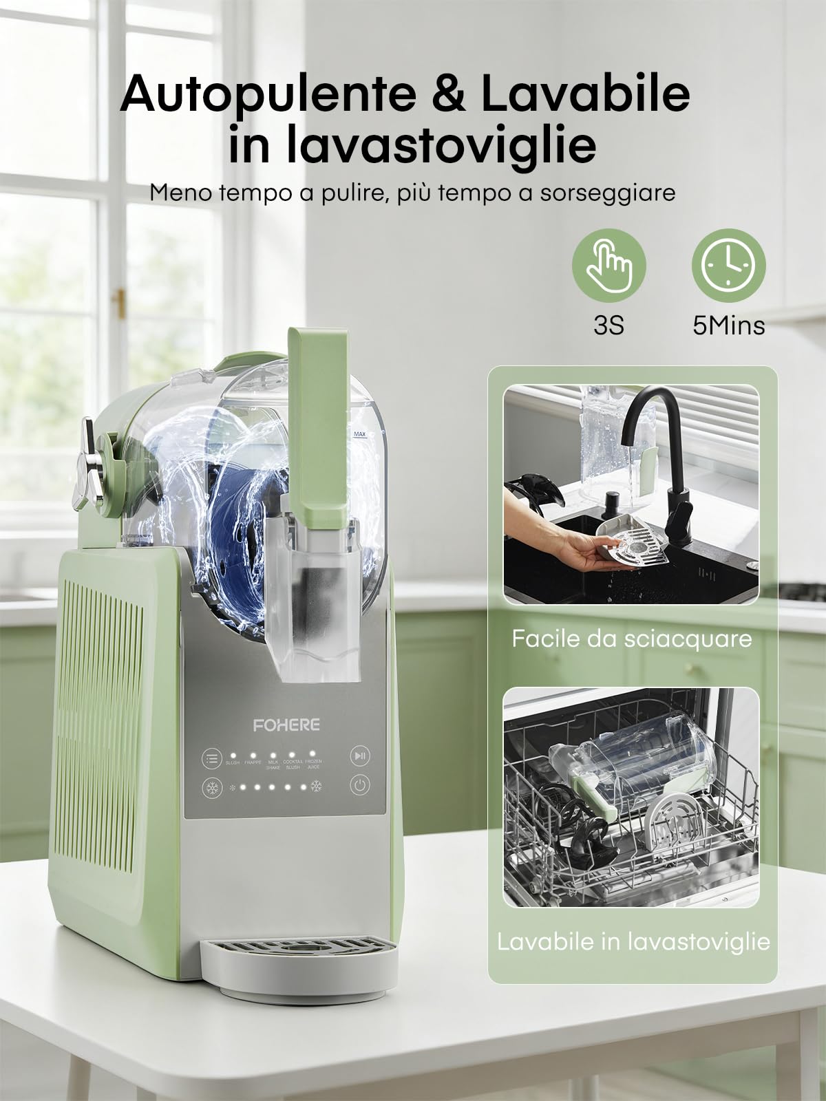 FOHERE Macchina per Granita, 5 programmi preimpostati, macchina per granite domestiche da 2,6 litri con autopulizia, per Granite, Cocktail, Frappé, Milkshake e Succhi, Senza Bisogno di Ghiaccio