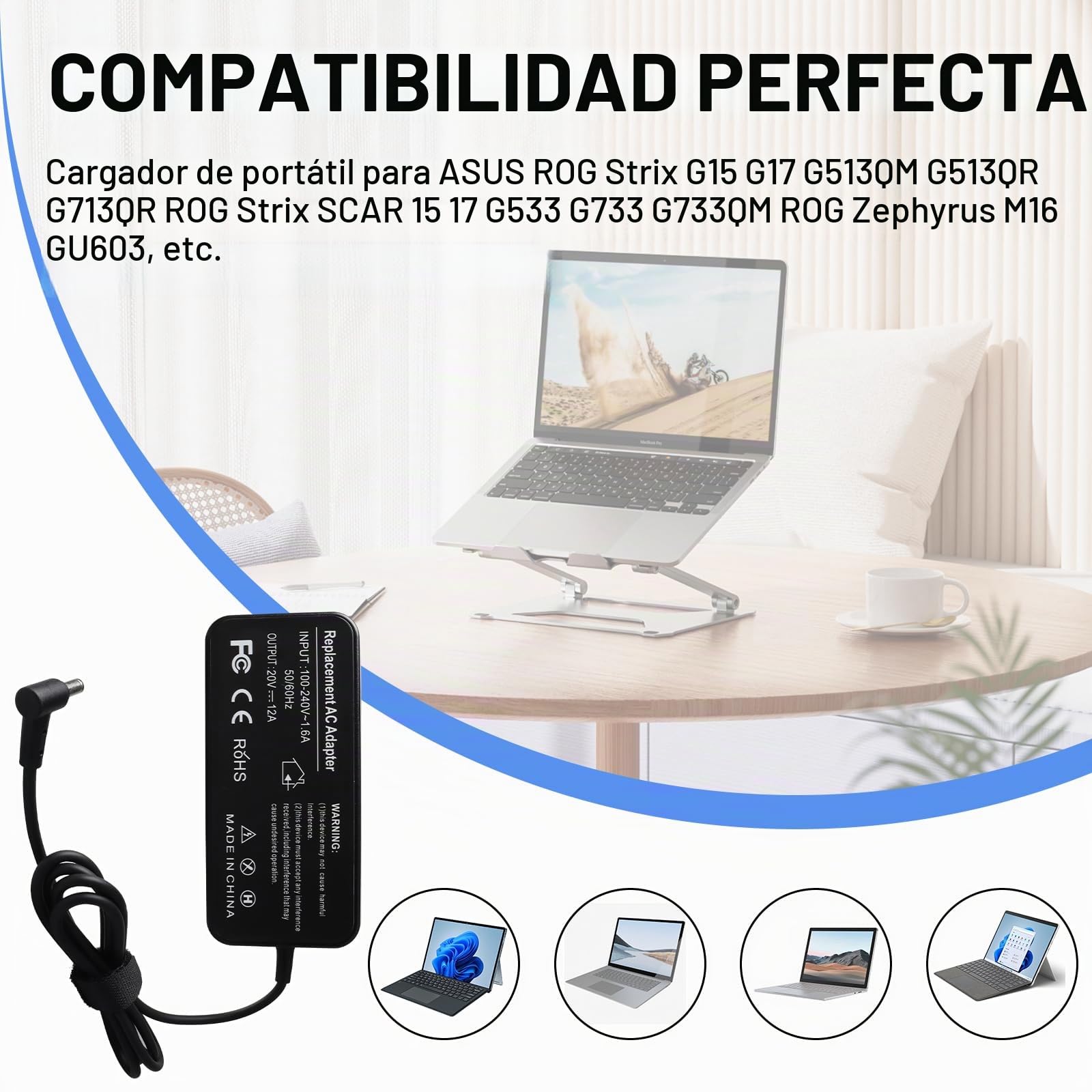 Cargador de portátil MXJFYY de 240 W para ASUS ROG Strix G15 G17 G513QM G513QR G713QR ROG Strix Scar 15 17 G533 G733 G733QM ROG Zephyrus M16 GU603,para ASUS ROG Zephyrus S17 S15 M16 G15【6,0 x 3,7 mm】