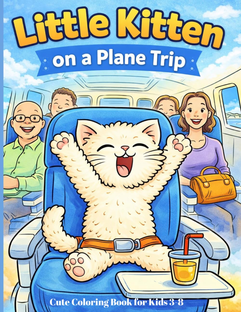 Little Kitten on a Plane Trip: Cute Coloring Book for Kids 3- 8. Adventures at the Airport and in the Clouds. Simple Illustrations for Coloring