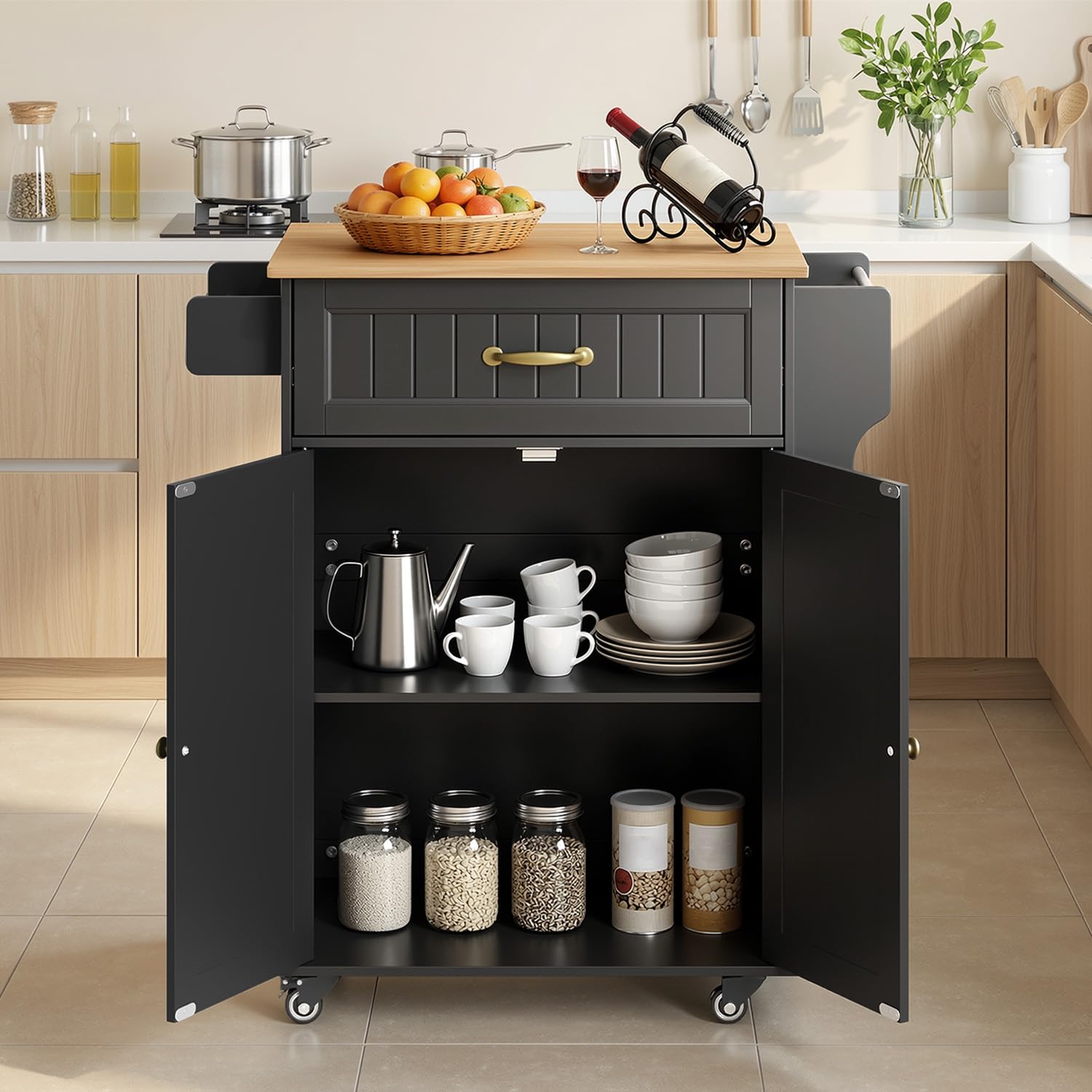 Desserte de Cuisine à roulettes, Îlot de Cuisine Mobile avec 1 Tiroir et 2 Placards, Porte-torchons, étagère réglable, pour Salle à Manger, Salon, 84 × 45 × 85 cm, Noir