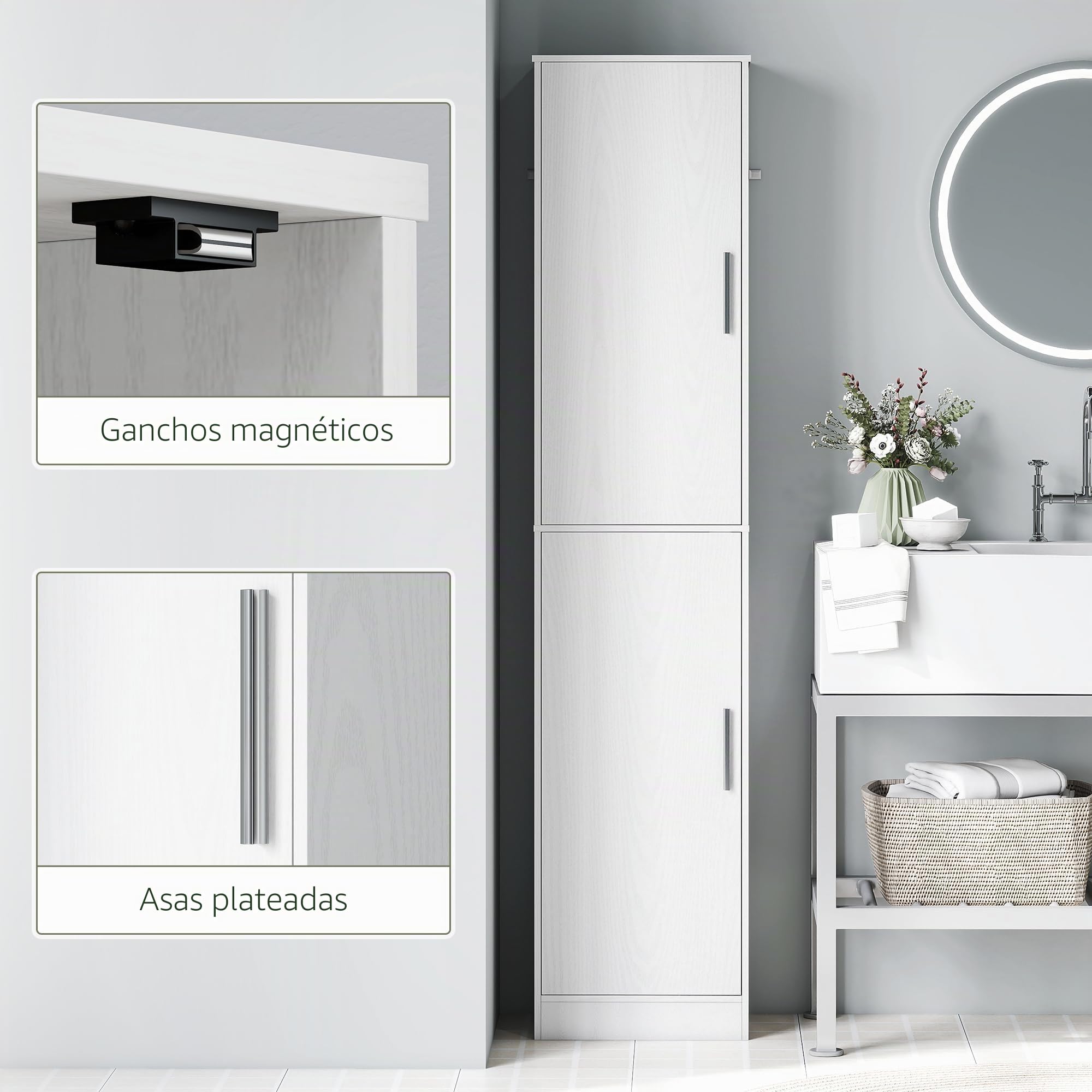 HOMCOM 71" Armario de baño Alto y Delgado 6 Niveles 2 Puertas Blanco