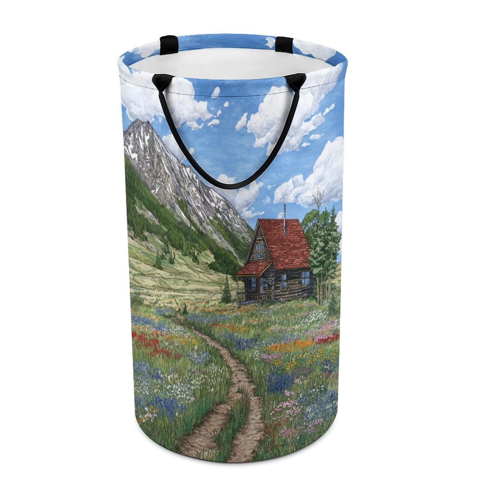 LUYYSKY Vintage Realistic Floral Field Collapsible Dirty Clothes Basket, Beautiful Natural Mountain Farm Barn Log Cabin Flowers Portable Clothes Storage Basket