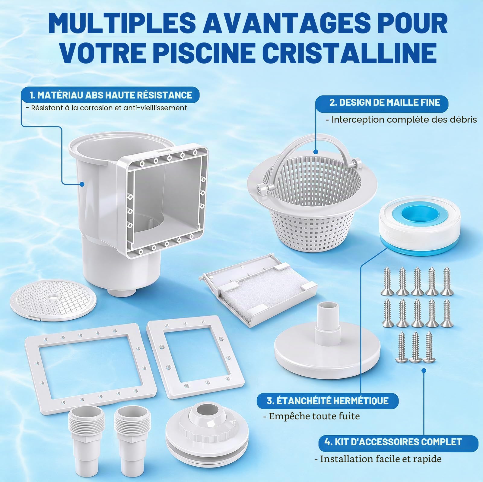 Kit skimmer encastrable 8 pièces pour piscines à paroi en acier, buse d'admission, grand panier skimmer, raccord de tuyau 32/38 mm, blanc, nettoyage et entretien de l'eau