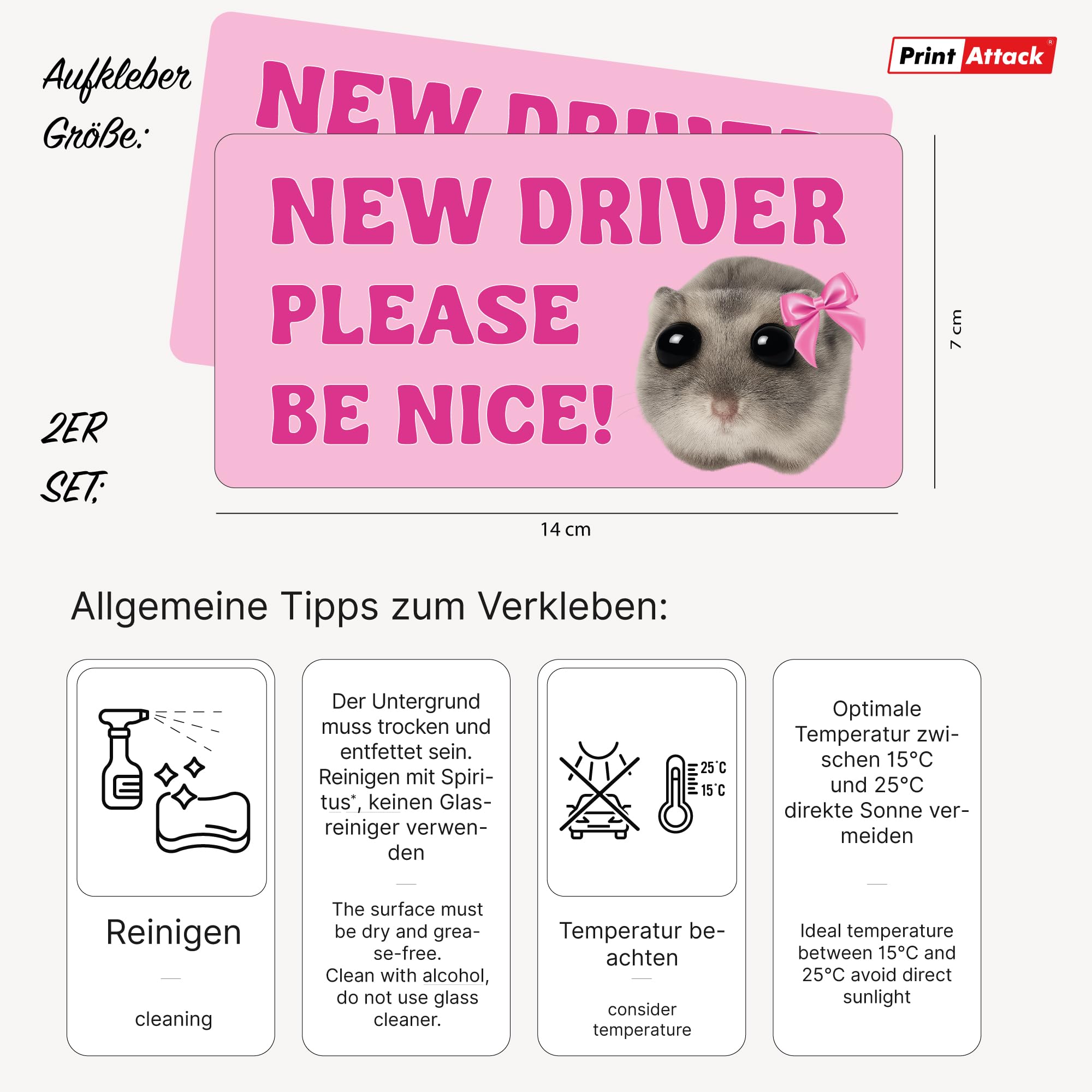 P022 Naklejki na samochód dla nowego kierowcy, 14 x 7 cm, zestaw 2 naklejek New Driver Keep Distance, dla początkujących kierowców, wesoły chomik (angielski)