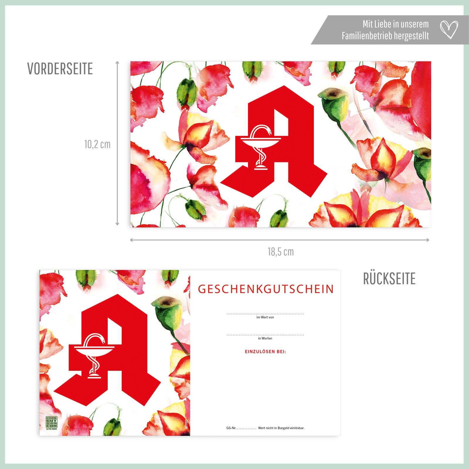 Gutschein-Set. 50x Gutschein + Kuvert. Für Apotheke Kunden. Apothekengutschein zum Selbstausfüllen.