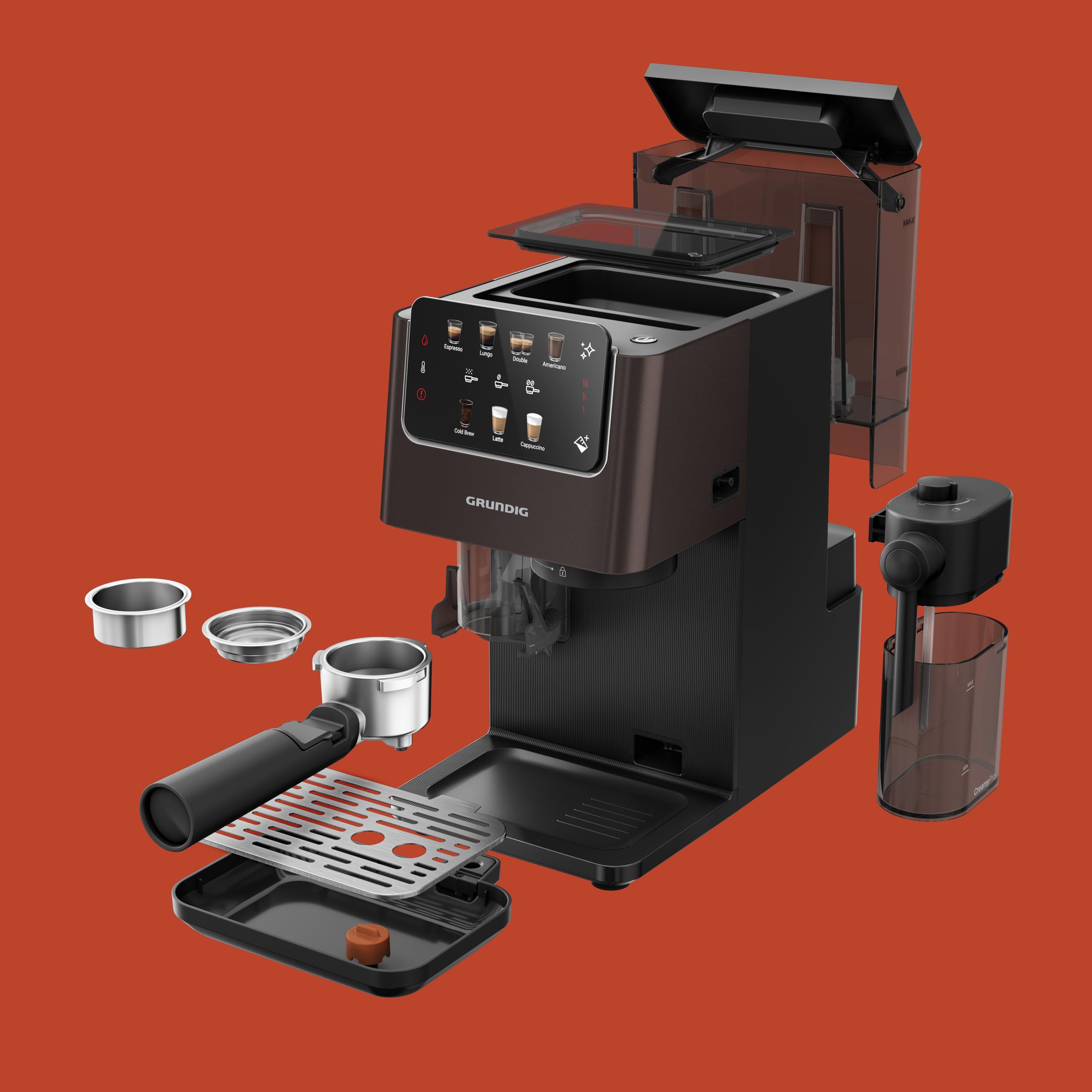 Grundig KSM 8530 Siebträgermaschine, 7 Kaffeespezialitäten inkl. Cold Brew, 1688 W, 20 bar, Edelstahlmahlwerk, Milchbehälter, Touch-Display, für Bohnen, Pulver & Kapseln, Schwarz/Braun