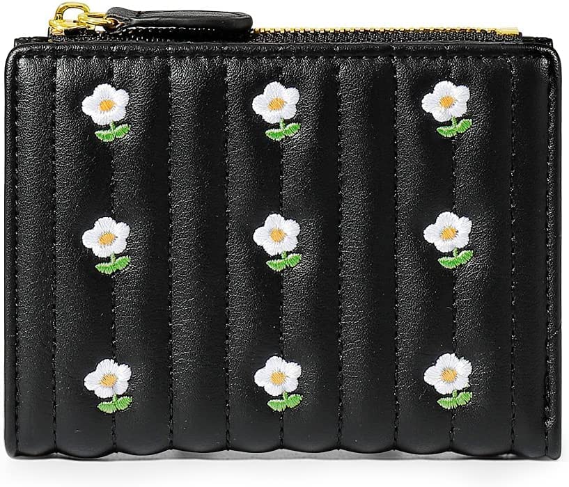 Girls Cute flowers Print Wallet, Small Tri-folded Aesthetic Wallet, PU Leather Purse Cash Pocket Card Holder ID Window Purse for Women(Black) - Main Image