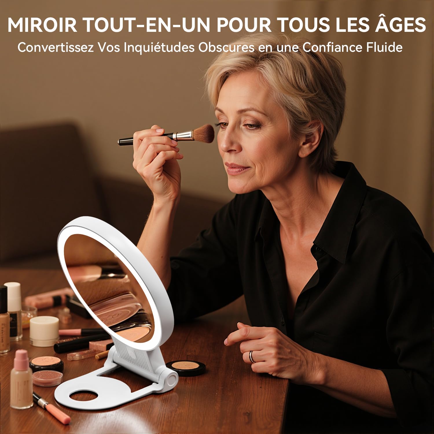 Auxmir Miroir Grossissant Lumineux Double Face 1X/30X, Miroir Maquillage 3 Couleurs D'éclairage, Luminosité Réglable, Batterie 2000mAh Rechargeable, Support 360°, Mural/Portable/Pliable
