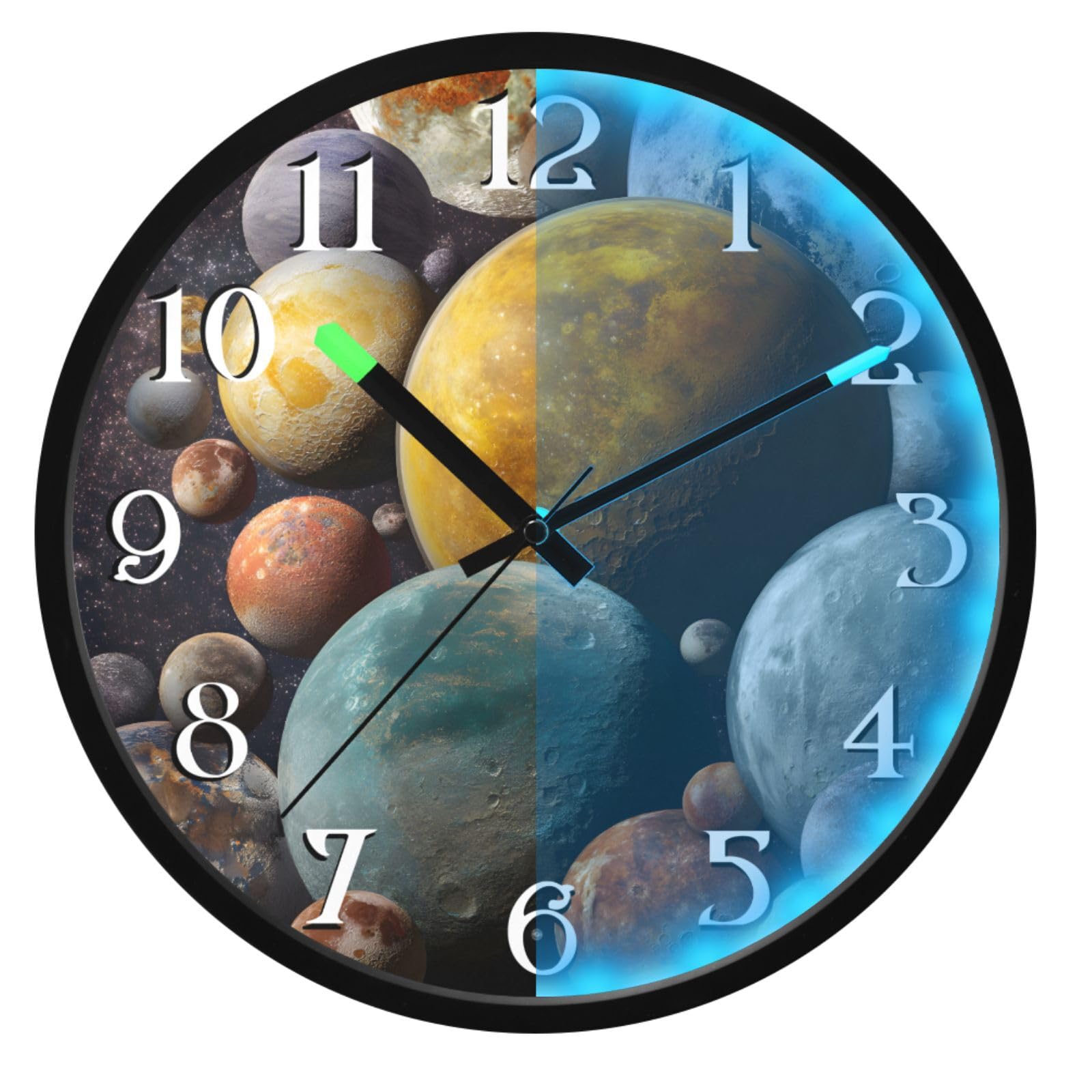 Mnsruu Planetas Lunas Espacio Galaxia Reloj de pared luminoso Reloj de dormitorio funciona con pilas, reloj silencioso que brilla en la oscuridad para sala de estar y cocina, 30,5 cm
