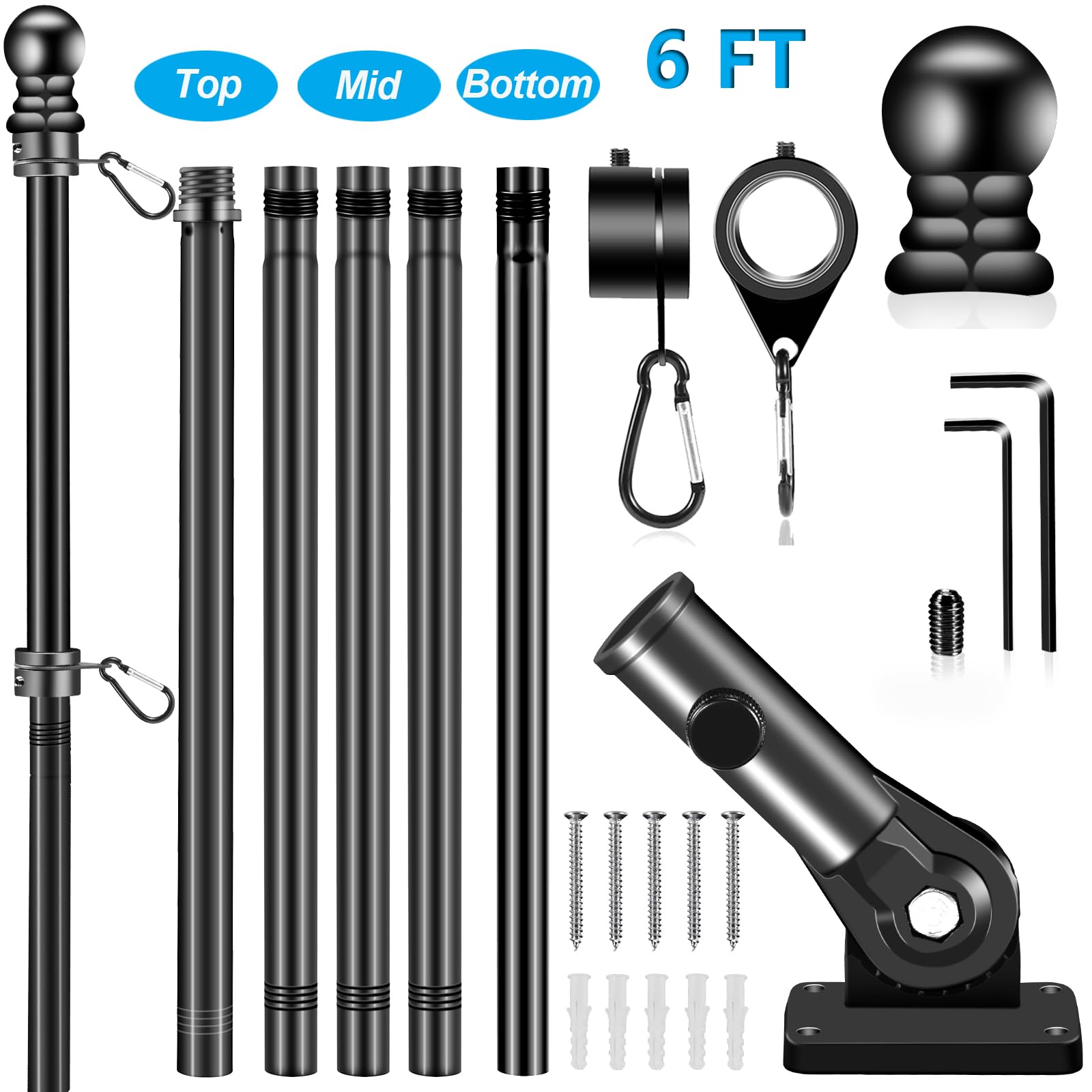 BONWIN Black Flagpole Kits for Outside House, 6 FT Thickened Stainless Steel Porch Wall Flag Pole for 3x5'/4x6' Flag, 1