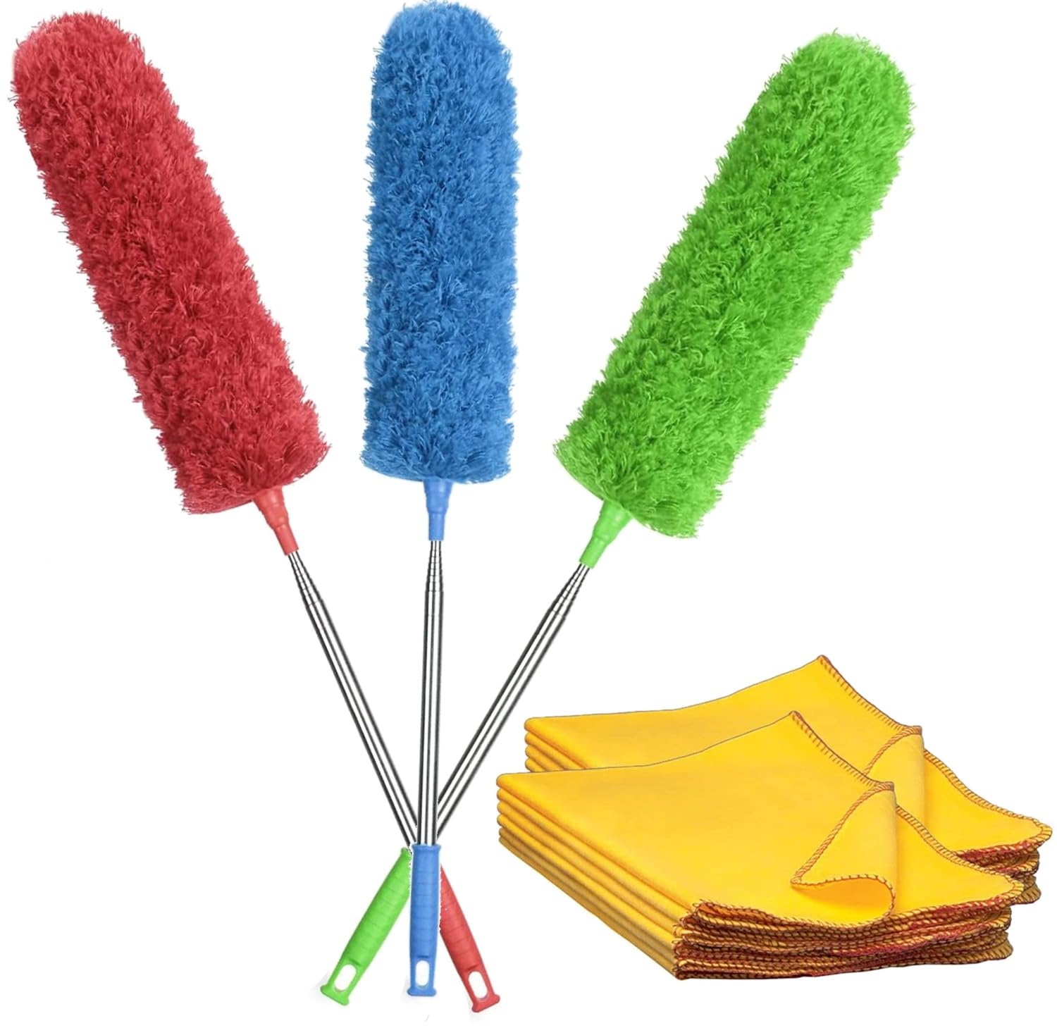 Polas Yellow, Blue, Pink, Green Dusters For Cleaning Extendable Duster On A Stick + 10 Pack Yellow Dusters Must Have Cleaning Supplies Long Handled Duster Perfect Feather Duster Extendable Cobweb Brush Must Have Dusting Brush