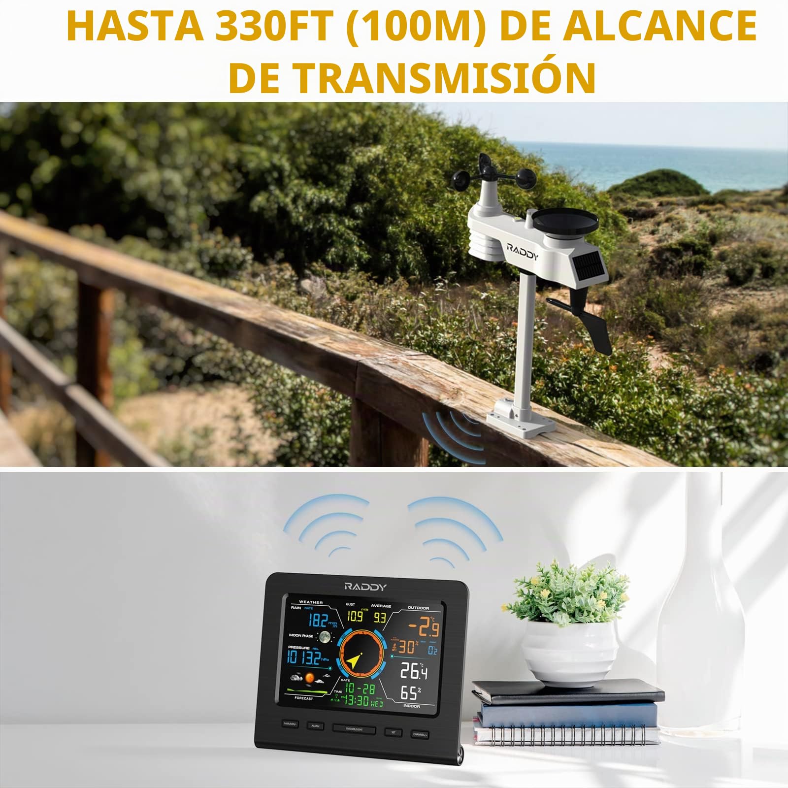 Raddy WF-100C Lite Estación Meteorológica WiFi con sensor exterior, Estación meteorológica doméstica 13-en-1 con app, Termómetro interior/exterior, Barómetro, Higrómetro, Anemómetro y Pluviómetro