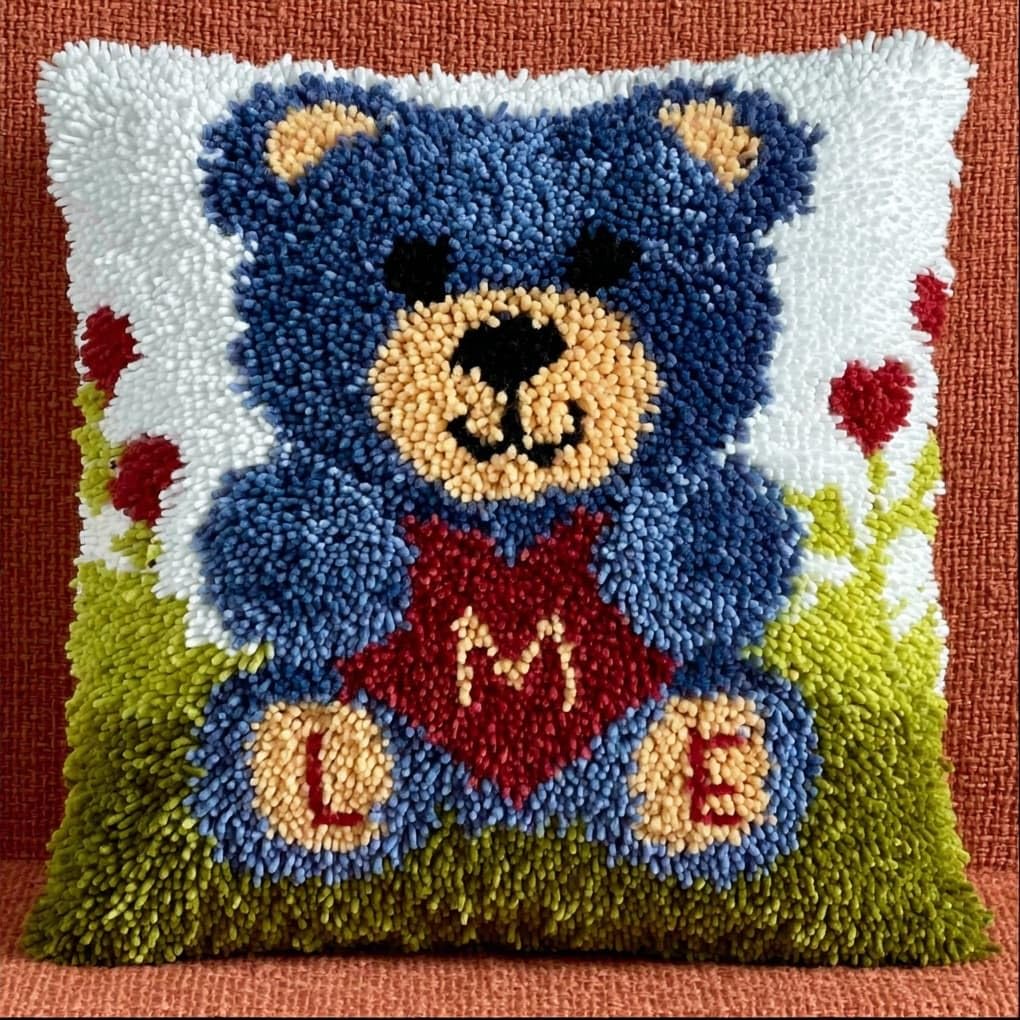 WallustrioaW Latch Hook Kits Pillow Printed Cushion,Heart-Shaped Bear