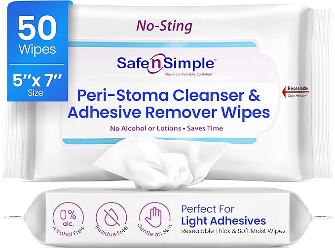Safe n’ Simple Resealable Adhesive Remover Wipes for Skin - 50 Large 5"x7" No Sting Alcohol Free Medical Adhesive Remover Pads for Ostomy, Stoma Care - Gentle Adhesive Removal Wipes for Bandages, Tape