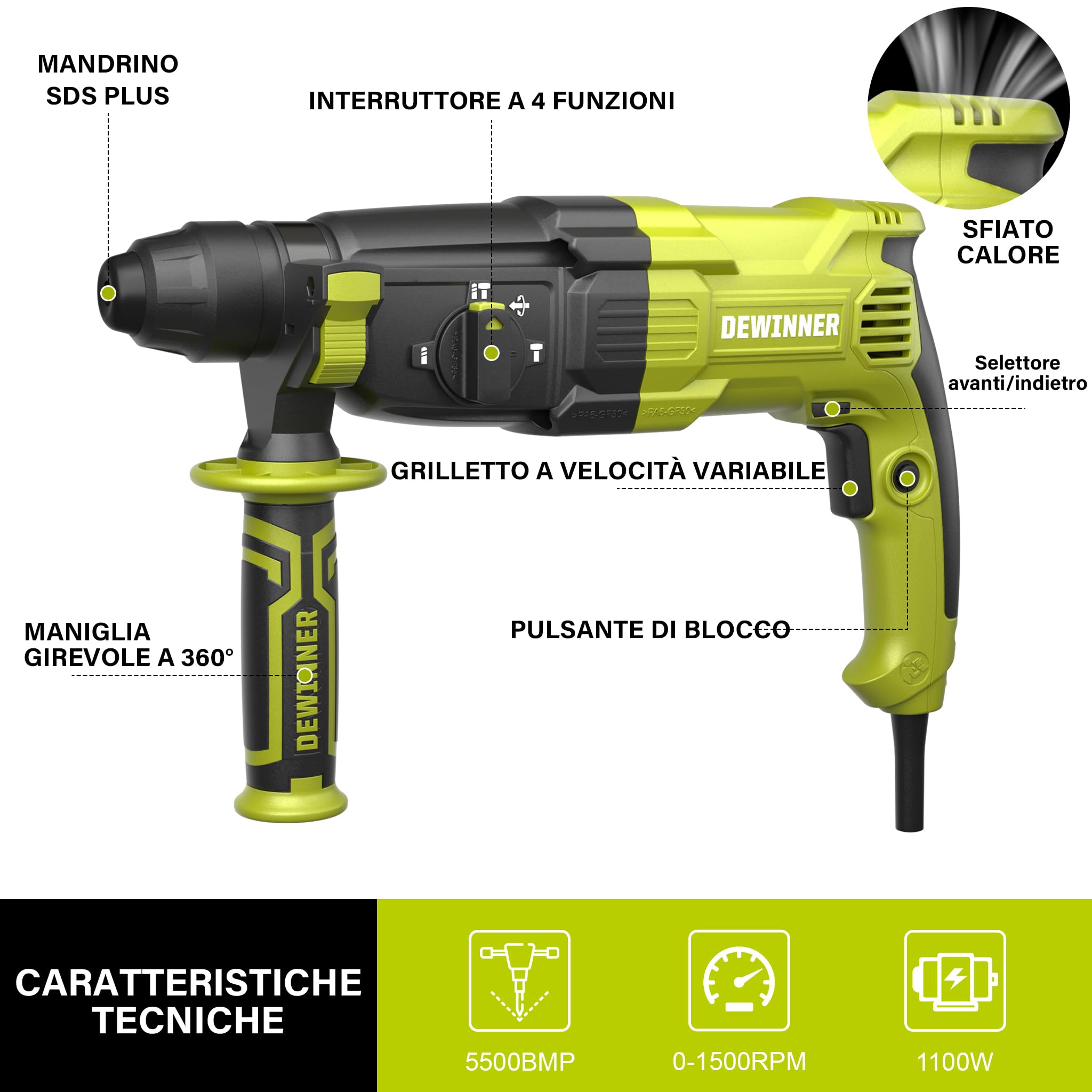 DEWINNER Martello Perforatore 1100 W 3.4 J, 0-1500 RPM/5500 BPM con 4 Funzioni e Frizione di Sicurezza, 20 Accessori tra cui Cemento Seghe a Tazza, Velocità Variabile, Cemento, Acciaio, Legno