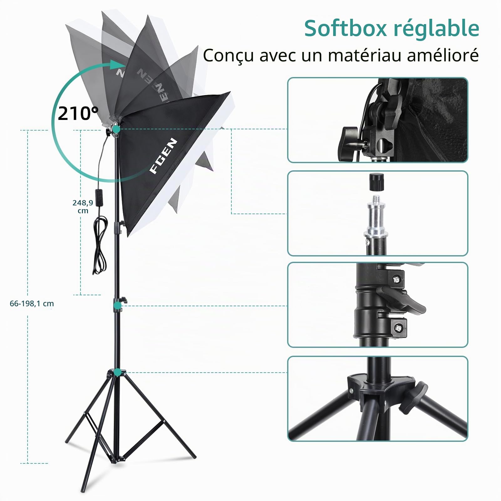 Softbox Kit Studio Photo FGen Coton Vert 2,6 m x 3 m Système de Fond pour Studio Photo avec Lampe Photo CFL 135 W 85 W LED Lampe Photo réflecteur Parapluies Photo Sac de Sable pour vidéo Photographie