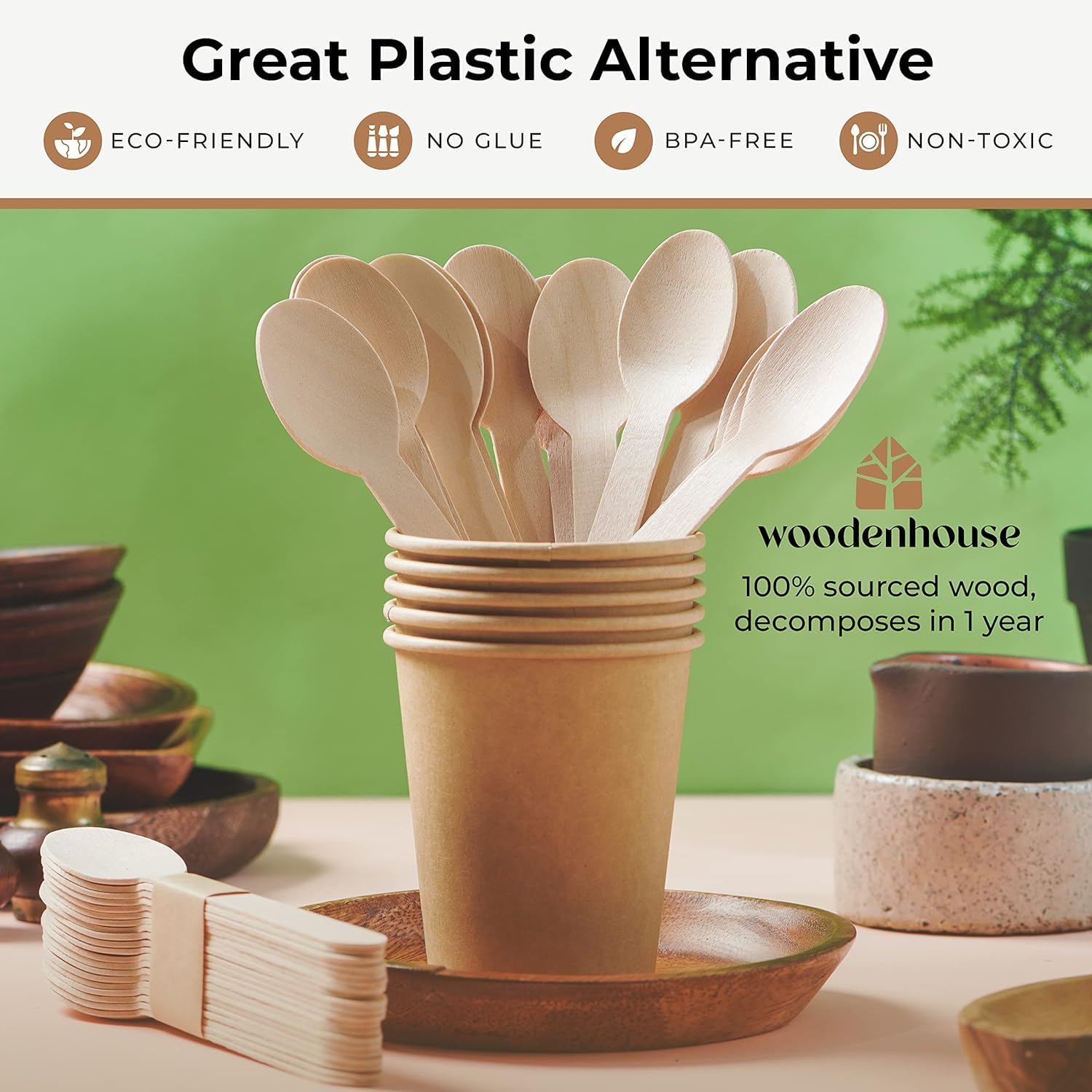 (100 Count) Disposable Wooden Spoons Set - Alternative to Plastic, Eco Friendly, Biodegradable, Compostable Cutlery Set - 50 Wood Spoons Disposable Set 2