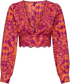 ONLY ONLLOU LIFE EMB L/S V-NECK SHORT TOP PTM Tişört Kadın