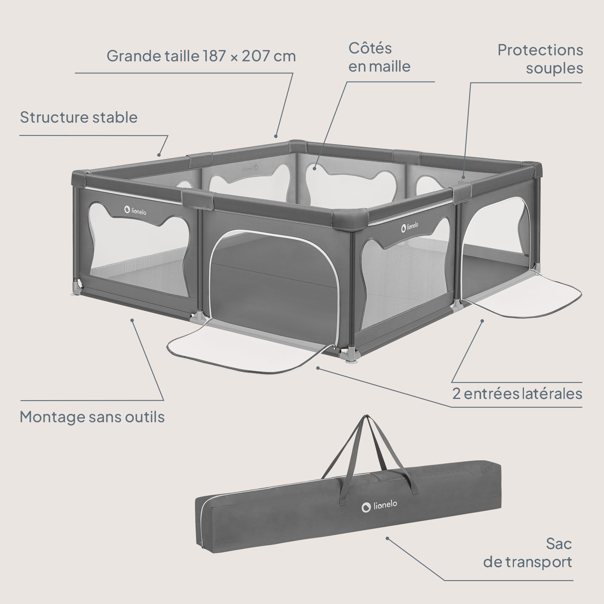 LIONELO WILLOW XL Parc Bébé Pliable, 0-48 mois, Grand Espace de 187 cm x 207 cm x 68 cm, Barrière Parc Bébé en Maille Respirante, 2 Entrées Latérales Zippées (Gris) (Grey)