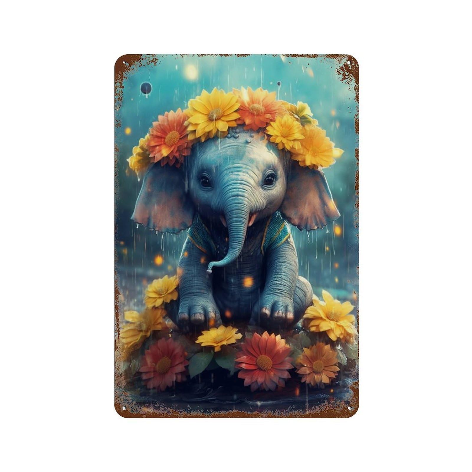 Rainy Day Elephant Flowers Decorative Tin Sign 11.8"x7.9", Retro Wall Decor for Garage, Pub Or Kitchen