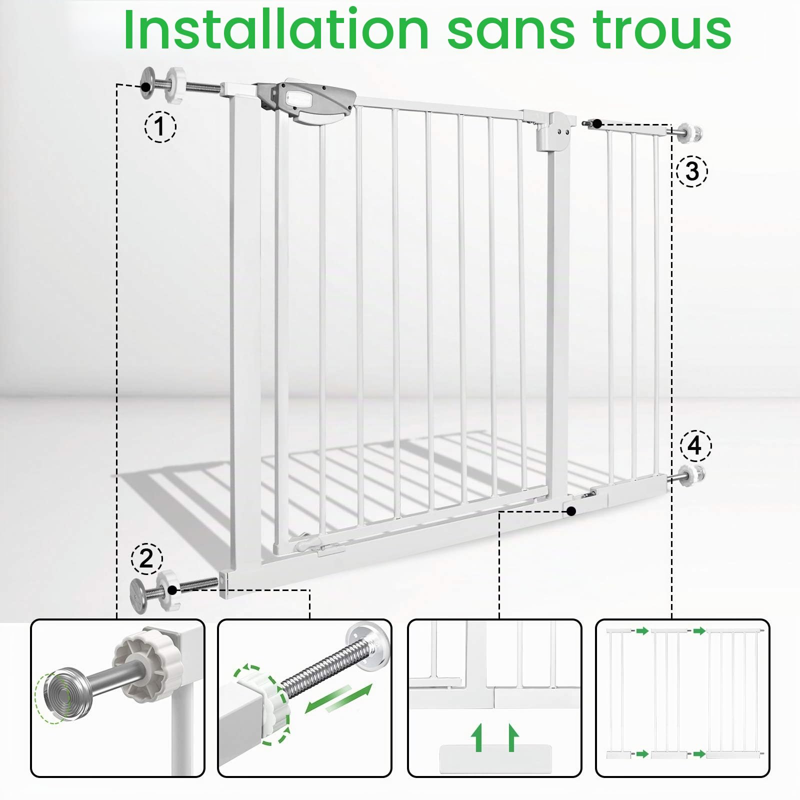 LZQ - Grille de protection pour escalier et porte - Double verrouillage - Barrière de sécurité, en métal, extra-sécurisée, à clipser - Blanche - 85 à 95 cm - Arrêt à 90° - Fermeture automatique