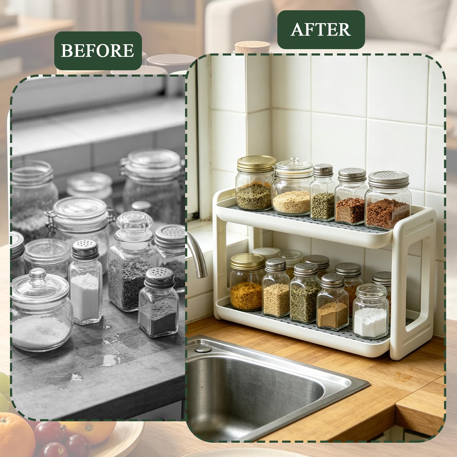 Porta Spezie per Cucina, Portaspezie Salvaspazio Cucina 2 Livelli in Plastica con Vaschetta Scolagocce, Portaspezie da Appoggio per Cucina Bagno Camera da Letto, Contenitore per Spezie e Tazze, Bianco