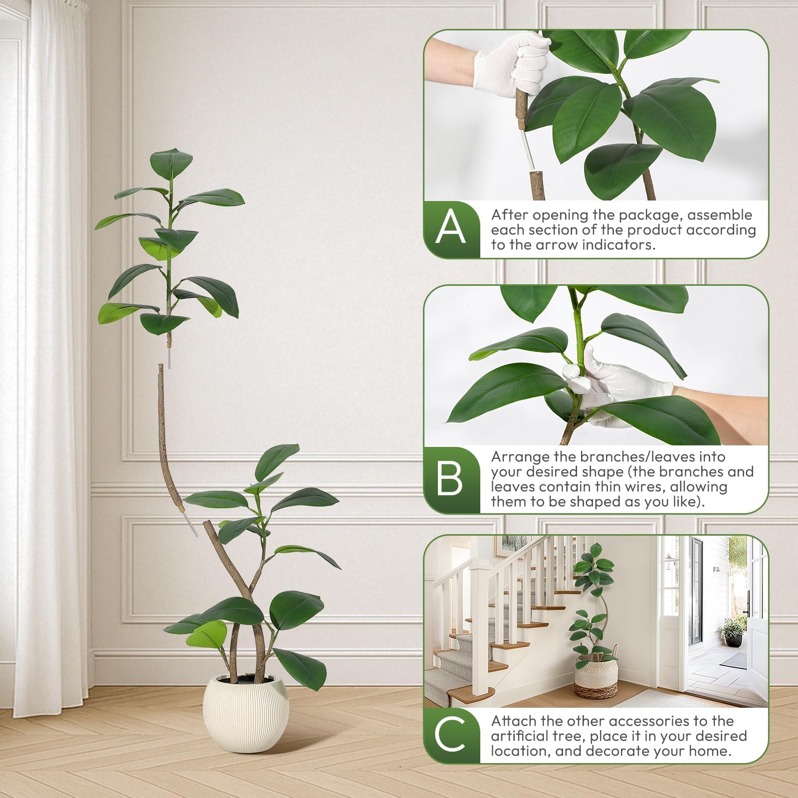 Acekool Real-Touch Künstlicher Gummibaum (Ficus elastica) – Indoor Kunstbaum als Bodenpflanze – 2-stämmig – Resin-Kugel-Topf mit Steinen – Höhe 150 cm, Topf Beige Mine Pot Flower Stone, Größe 150cm