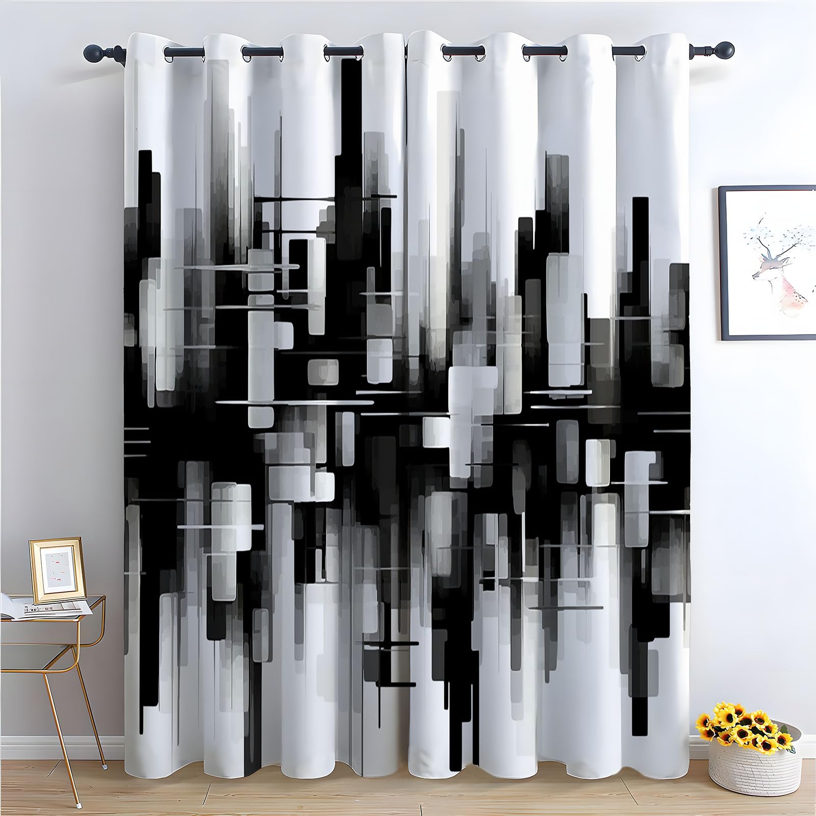 WQBQKKX Vintage Abstract Line Curtains Retro Thermal Insulated Blackout Curtains Botanical Print Pattern Window Drapes for Living Room-52 W x 96" L (Pack of 2)