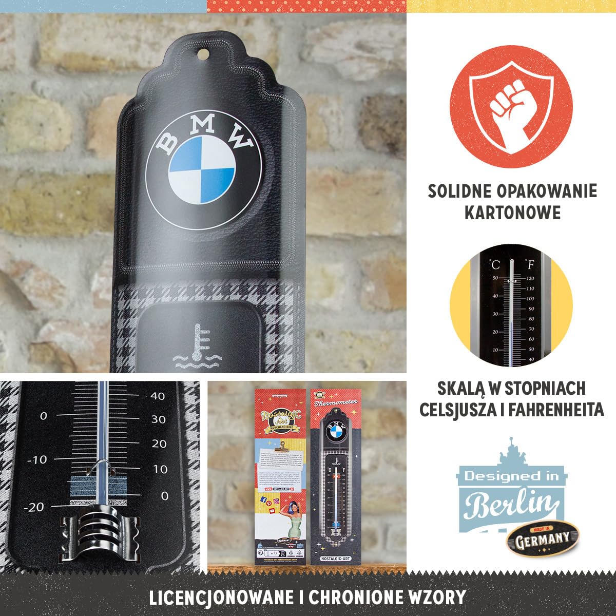 Nostalgic-Art Retro termometr, 7 x 28 cm, BMW – Classic Pepita – Pomysł na prezent dla miłośników BMW, Official License Product (OLP), z metalu, Styl vintage