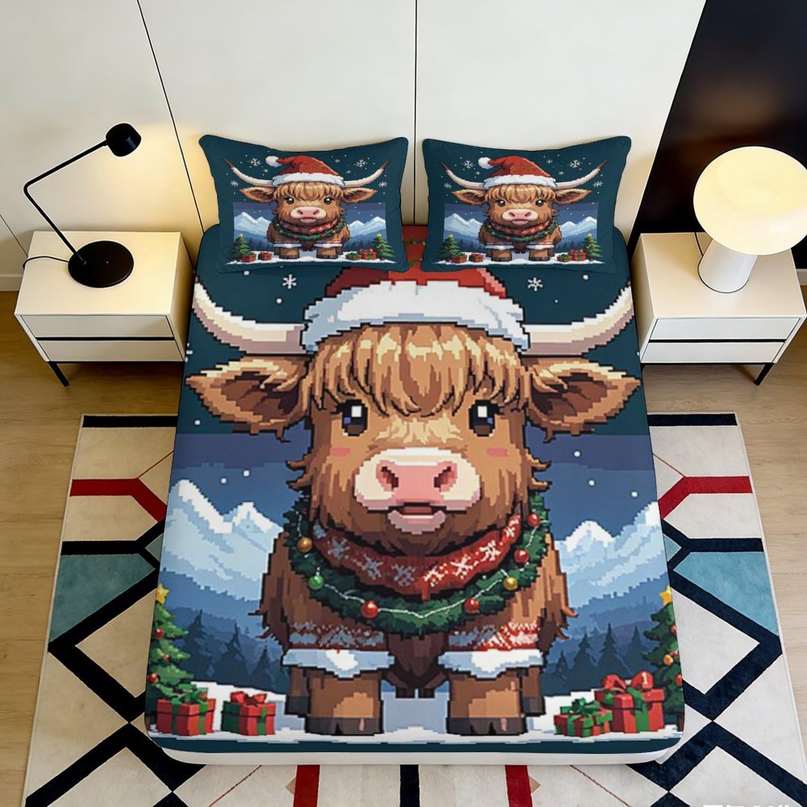 3D Printed Christmas Cow Fitted Sheet Microfiber Deep Pocket Non-Slip Bedroom Decor Christmas Cow Mattress Fitted Cover Washable for All Ages 90x200x25cm