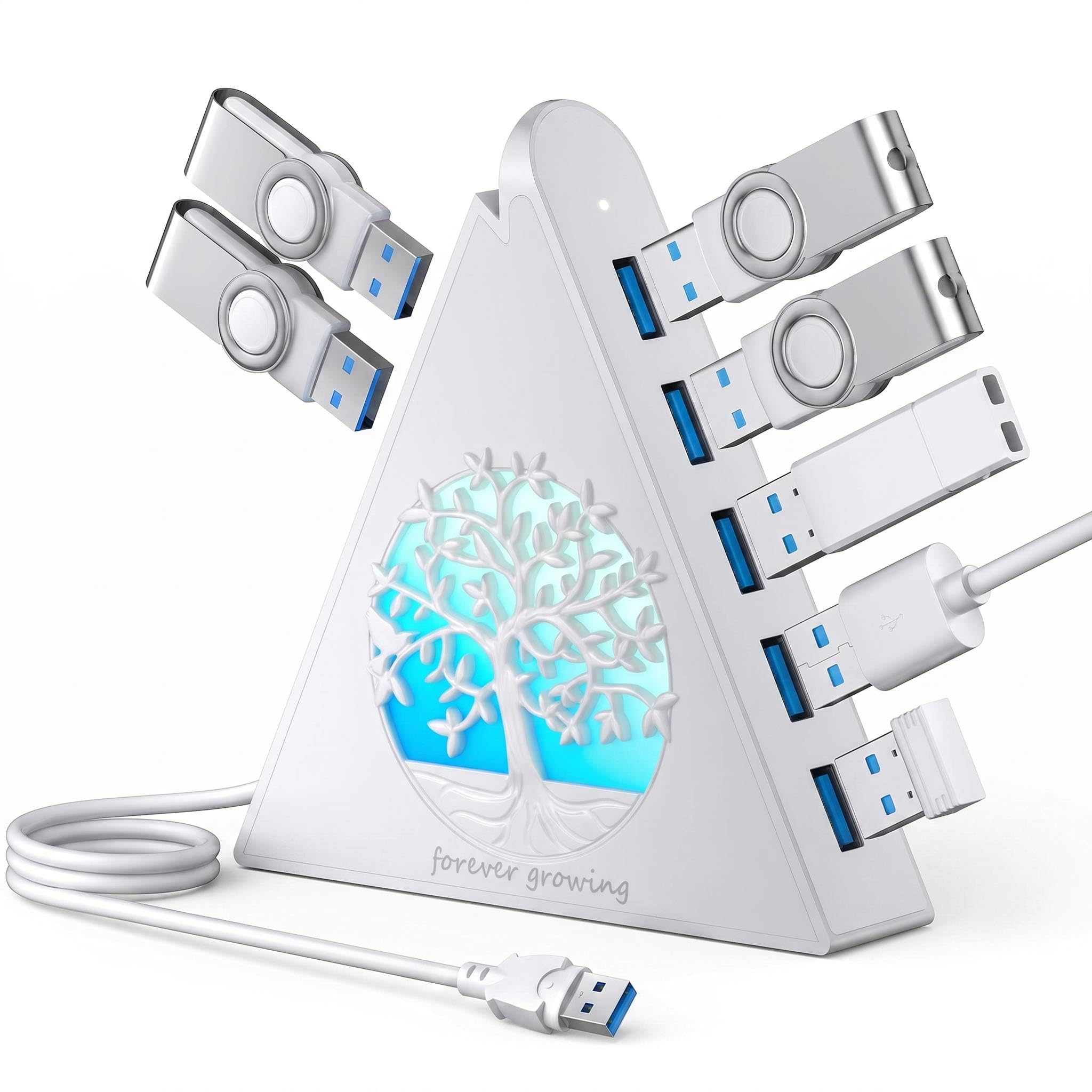 JoyReken 7-Port USB 3.0 Hub, White Vertical USB Hub Splitter with Tree-Shaped RGB Lightin…