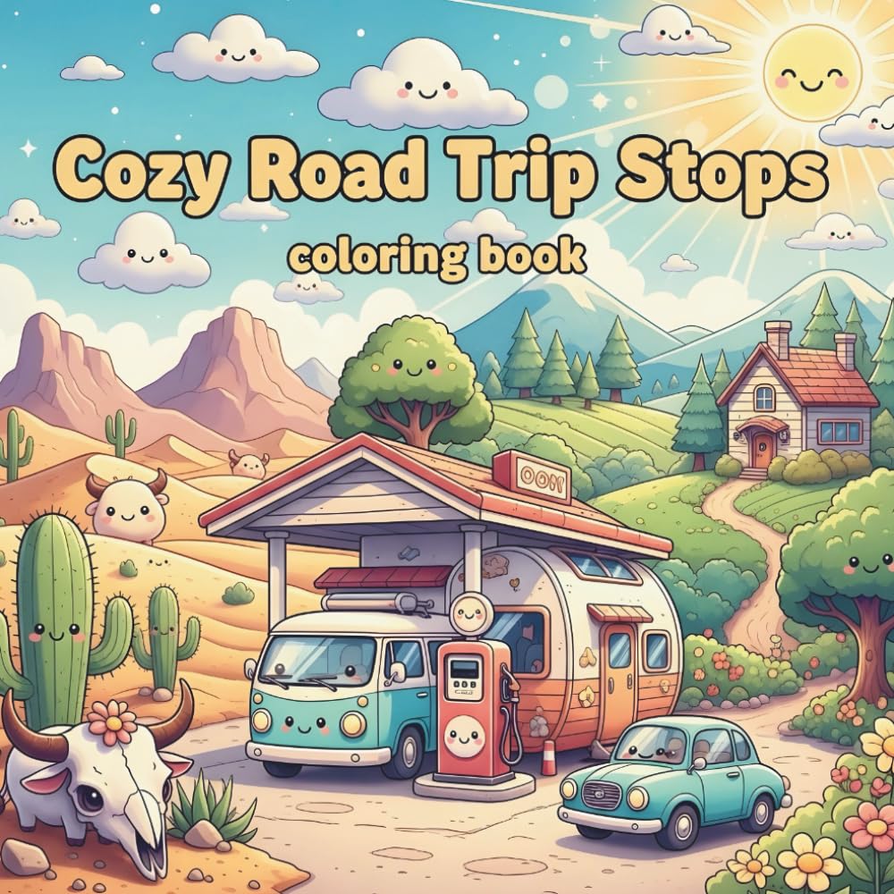 Cozy Road Trip Stops: 50 Fun and Simple Illustrations of Village and Desert Fuel Stations for Kids.