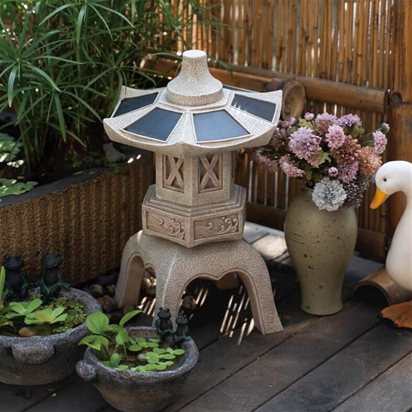 Estatua al Aire Libre de Pagoda de Piedra Alta de 18,9 Pulgadas, Escultura de jardín de Farol japonés Zen Impermeable, luz LED con energía Solar, decoración para Exteriores