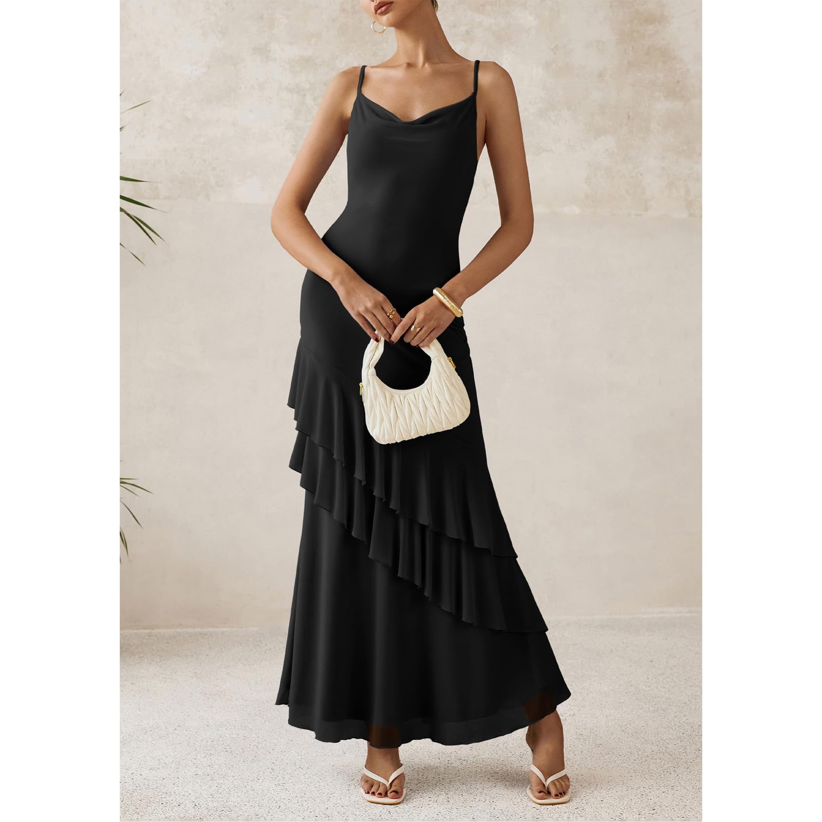 Vestito Lungo Donna Abito Sexy Spaghetti Strap Bodycon Vestito Senza Maniche Abito Maxi con Volant Elegante Vestiti Aderente Scollo a V Estivo Abiti da Cocktail Sera Festa Cerimonia