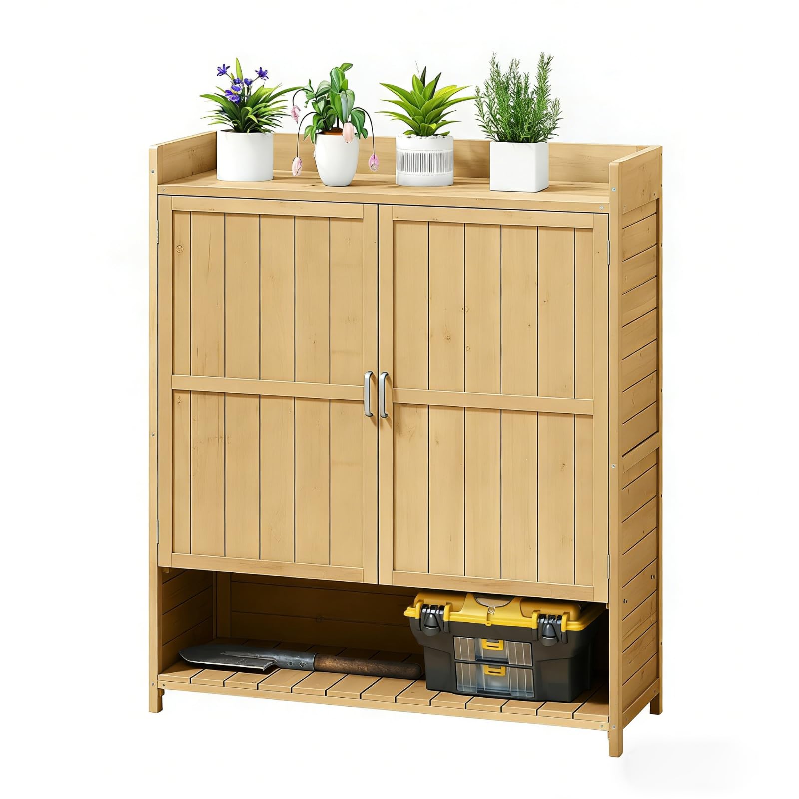 GiantexUK Wood Garden Shed, Outdoor Storage Cabinet with Double Doors &Removable Shelves, Potting Bench Tool Storage Shed for Patio Courtyard (Natural)