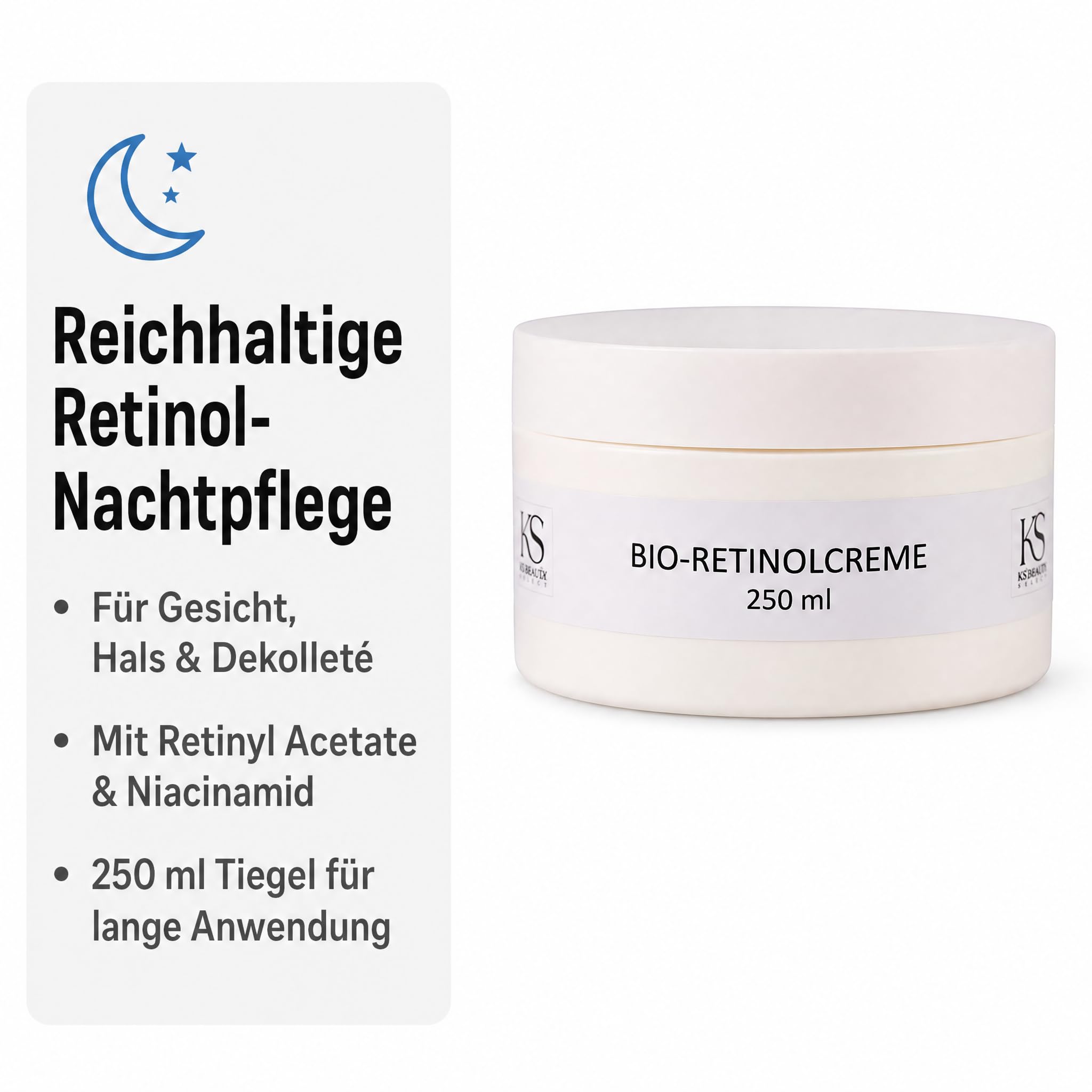 KS Beauty Bio Retinol Creme Nachtcreme, 250 ml, Anti-Aging | Reichhaltige Nachtpflege mit Retinyl Acetate, Niacinamid & Q10 – für Gesicht, Hals und Dekolleté