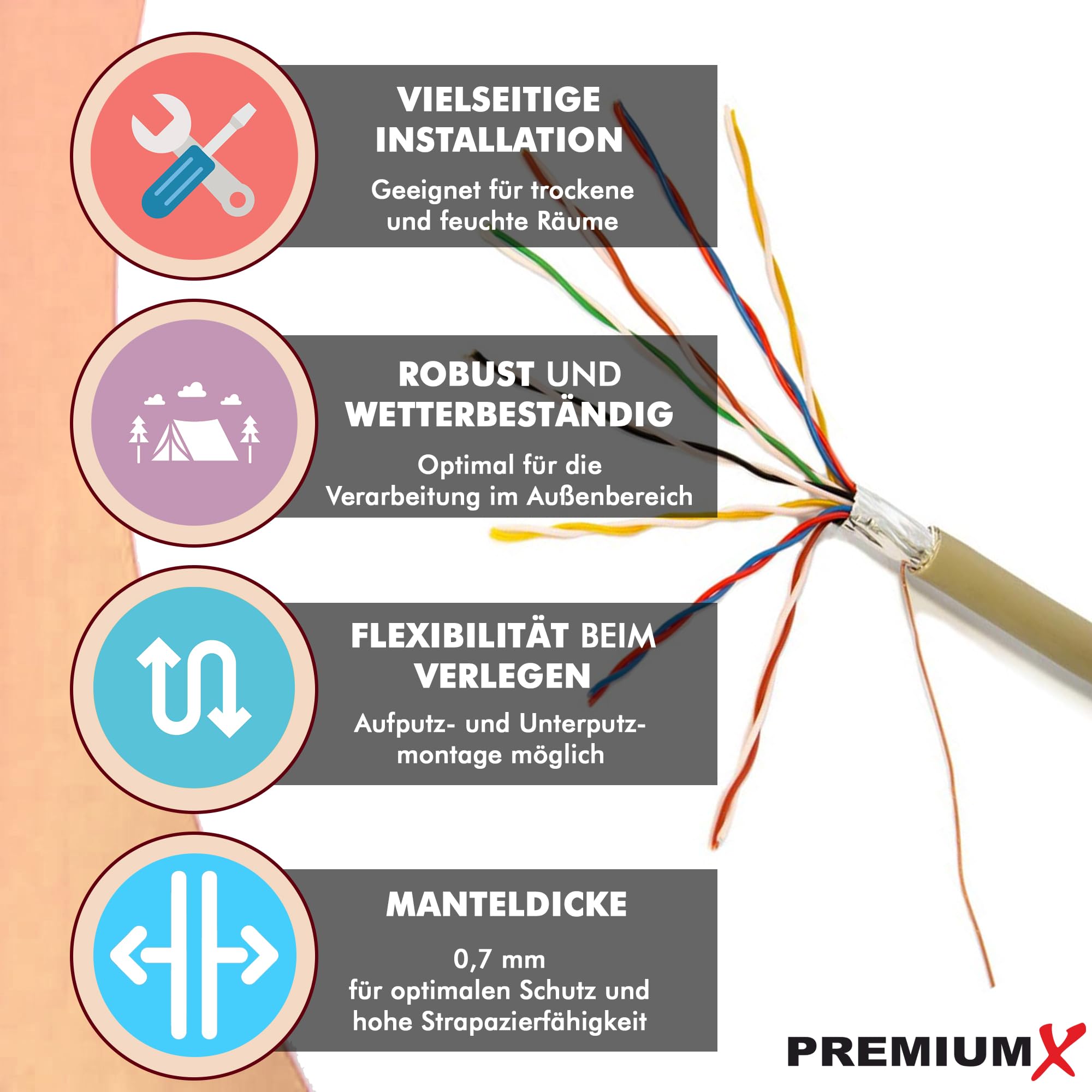 Premium X Kabel telefoniczny 100 m 8 x 2 x 0,6 mm J-Y(ST) Y linia telefoniczna 16-żyłowa, okrągła