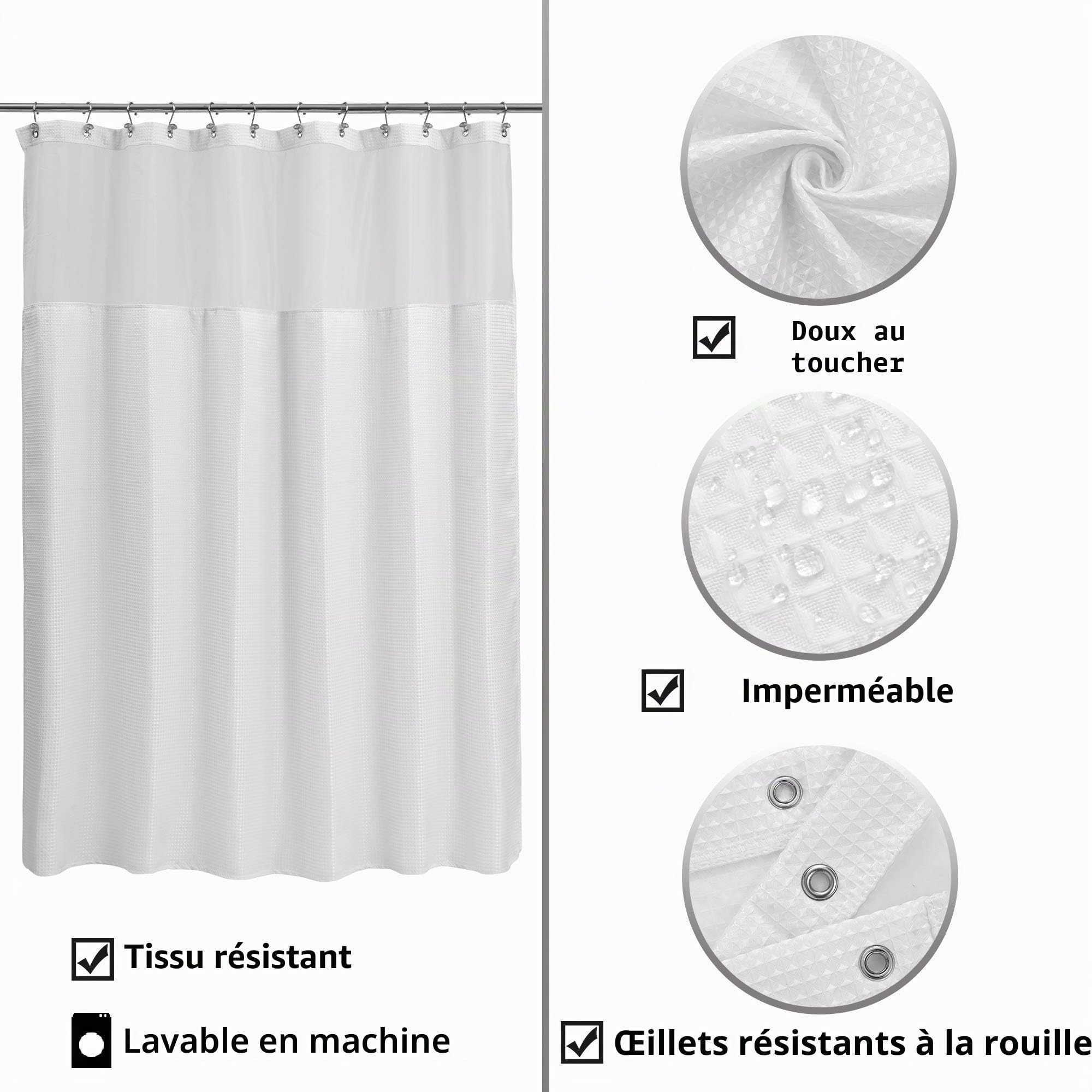 ALYVIA SPRING Rideau de Douche à Tissage gaufré avec Doublure en Tissu à Clipser et Crochets : Style hôtel et fenêtre Transparente, Double Couche et Lavable en Machine pour Un Nettoyage Facile, 180 x
