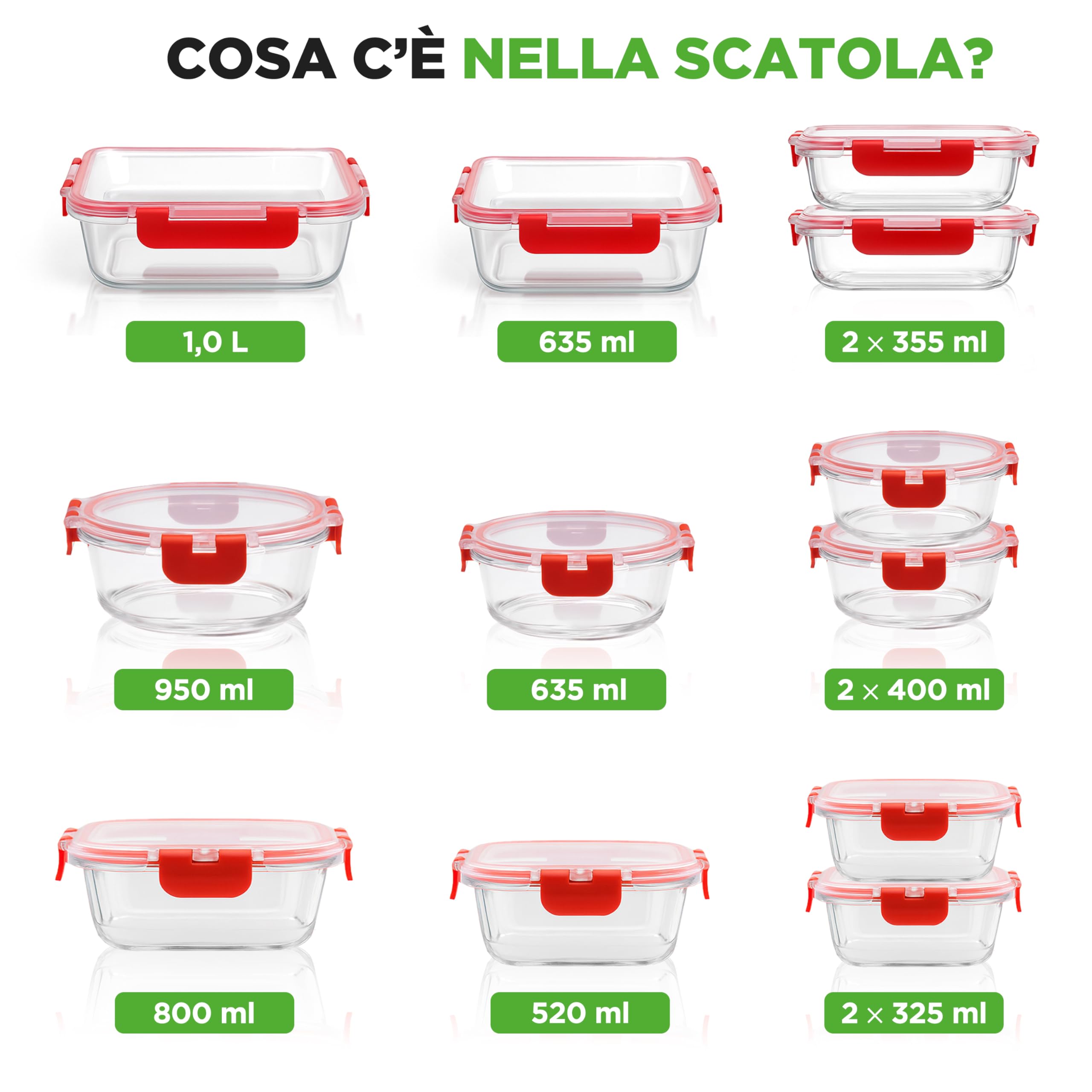 NutriChef Set di 12 Contenitori per Alimenti in Vetro con Coperchi, Contenitori Resistenti per la Preparazione dei Pasti, Sicuri per Microonde, Freezer e Lavastoviglie