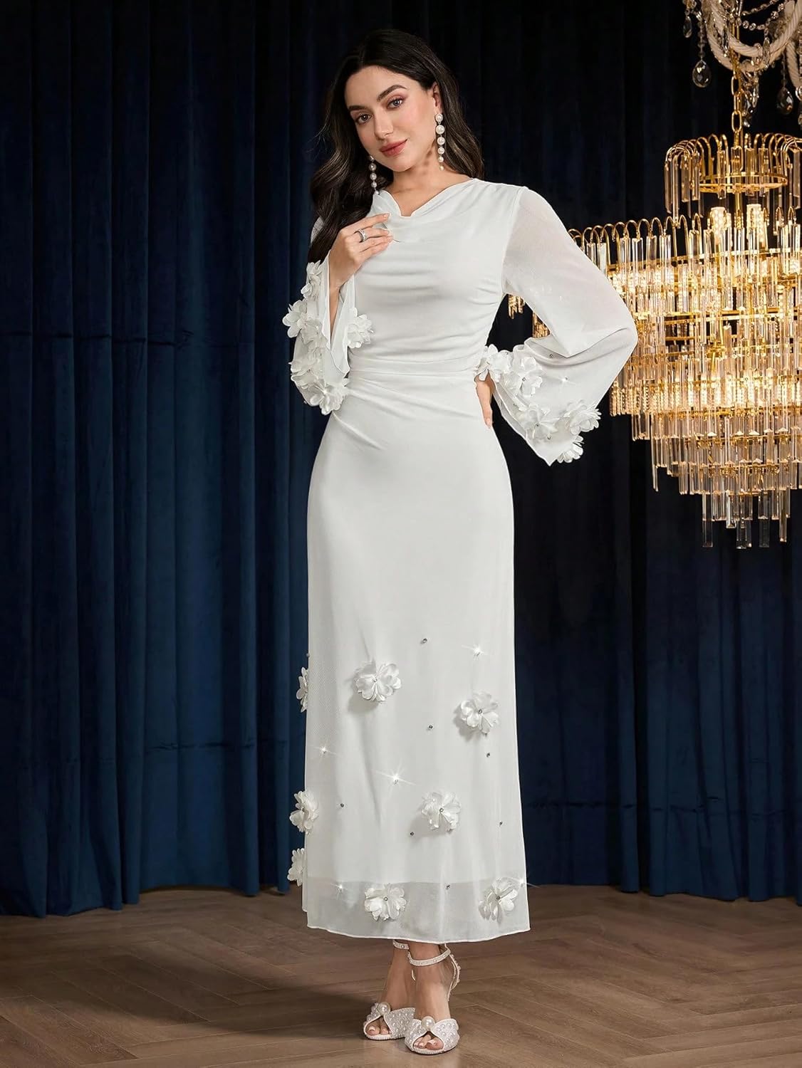 Women's Long Sleeve Floral Maxi Dress Fashion Bodycon Mesh Wedding v-Neck Pleated Guest Cocktail Dress