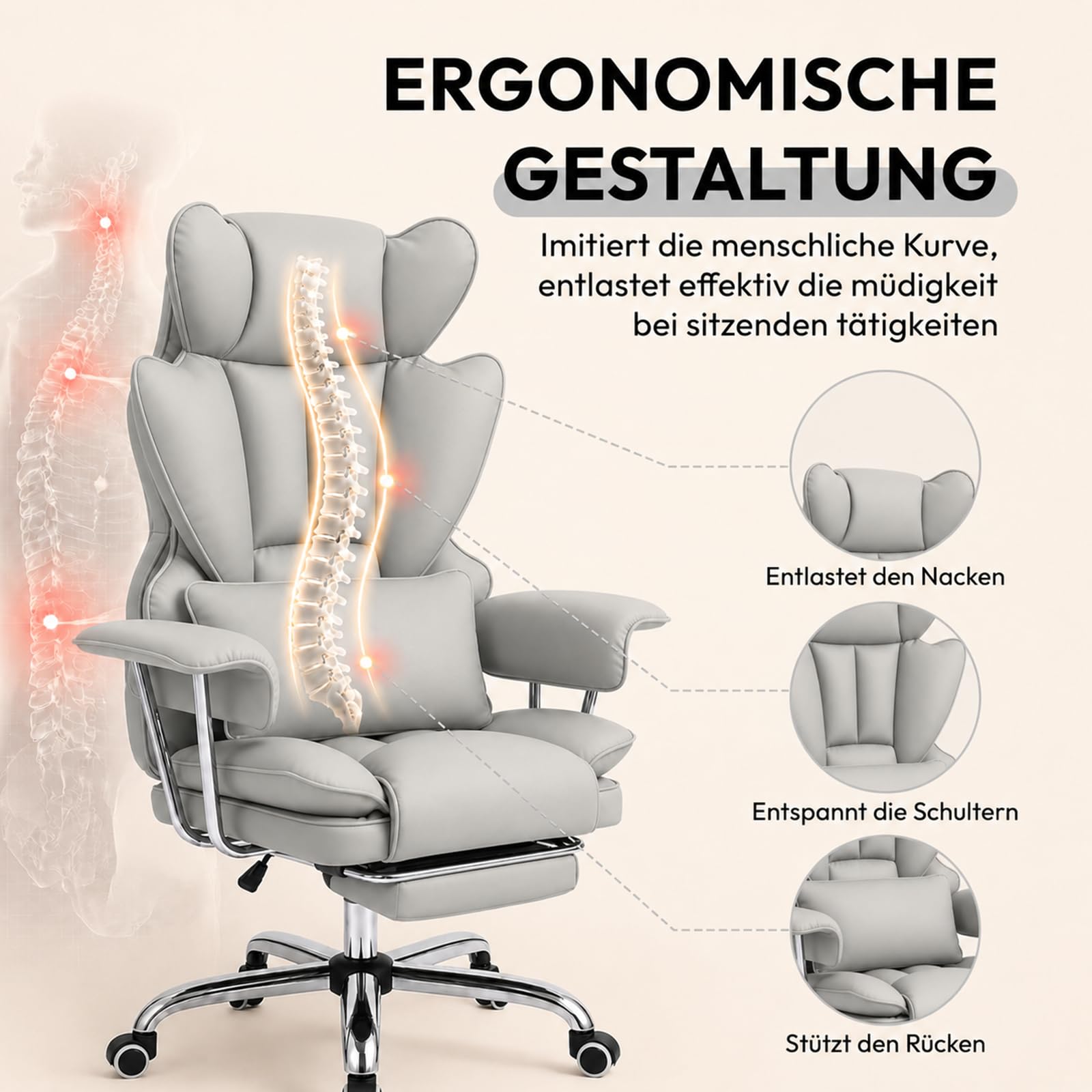 Ergonomischer Chefsessel Bürostuhl Gaming Stuhl Hochlehner mit Fußstütze & verstellb. Lendenstütze, 200 kg belastbar, Extra breiter Sitz, 90°–135° Rückenlehne, Polsterung, Modern Büro/Homeoffice, Grau