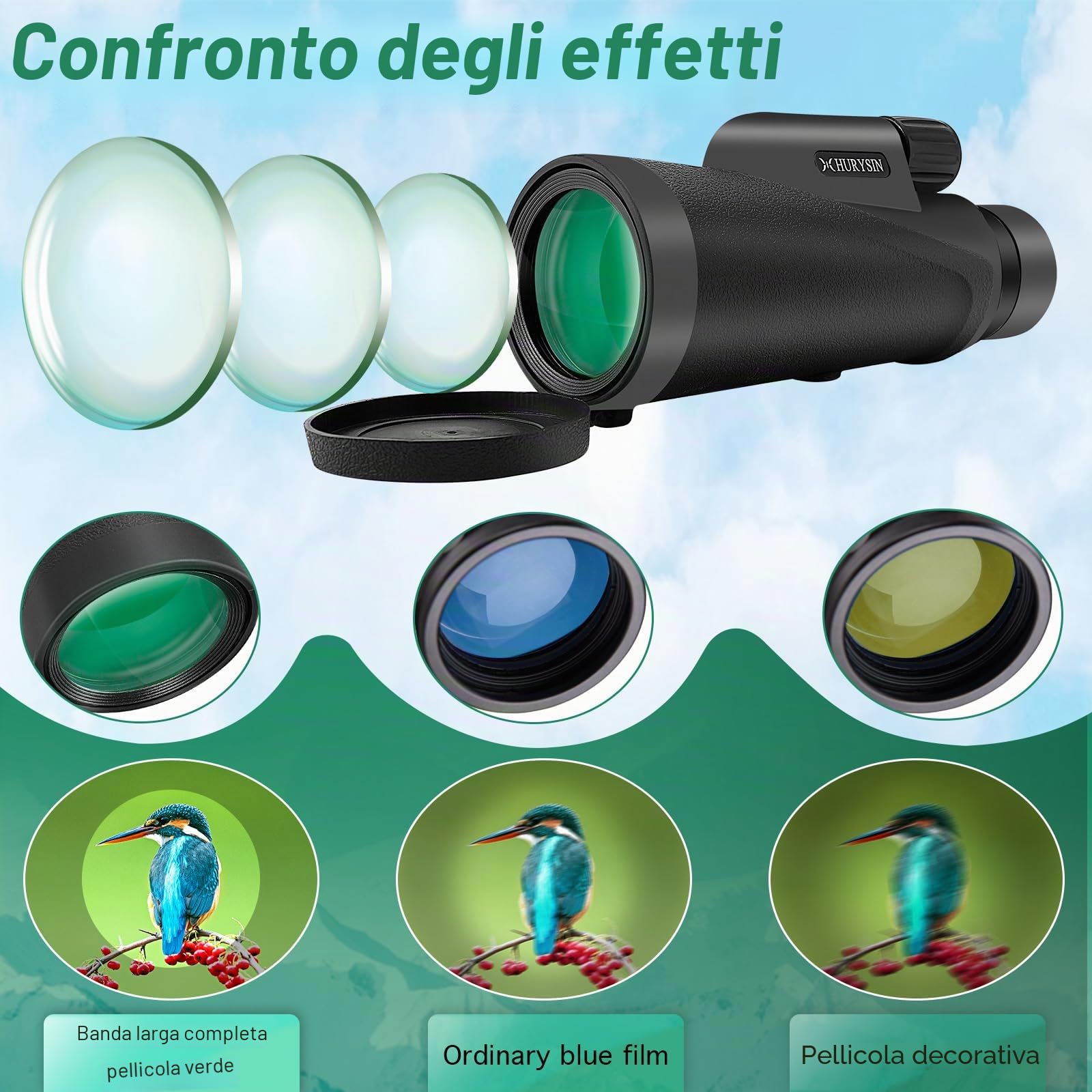 Monocolo HD 8 x 42 mm, adatto per bird watching, caccia, viaggi