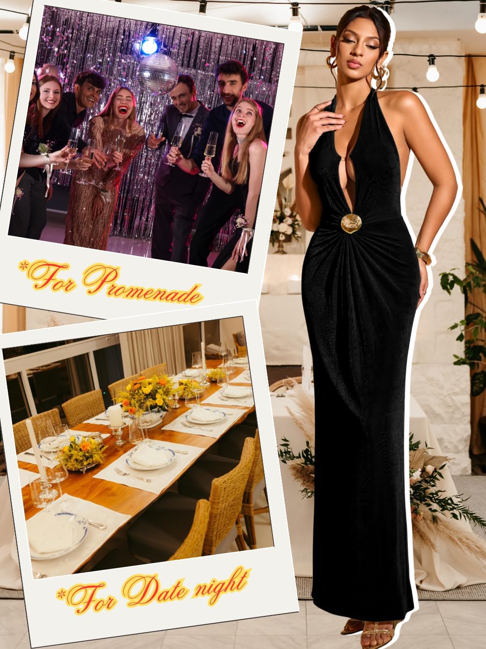 Women's Sexy Backless Evening Gown - Elegant Deep V Halter Maxi Dress with Cinched Waist for Formal Wedding Guest - Image 2