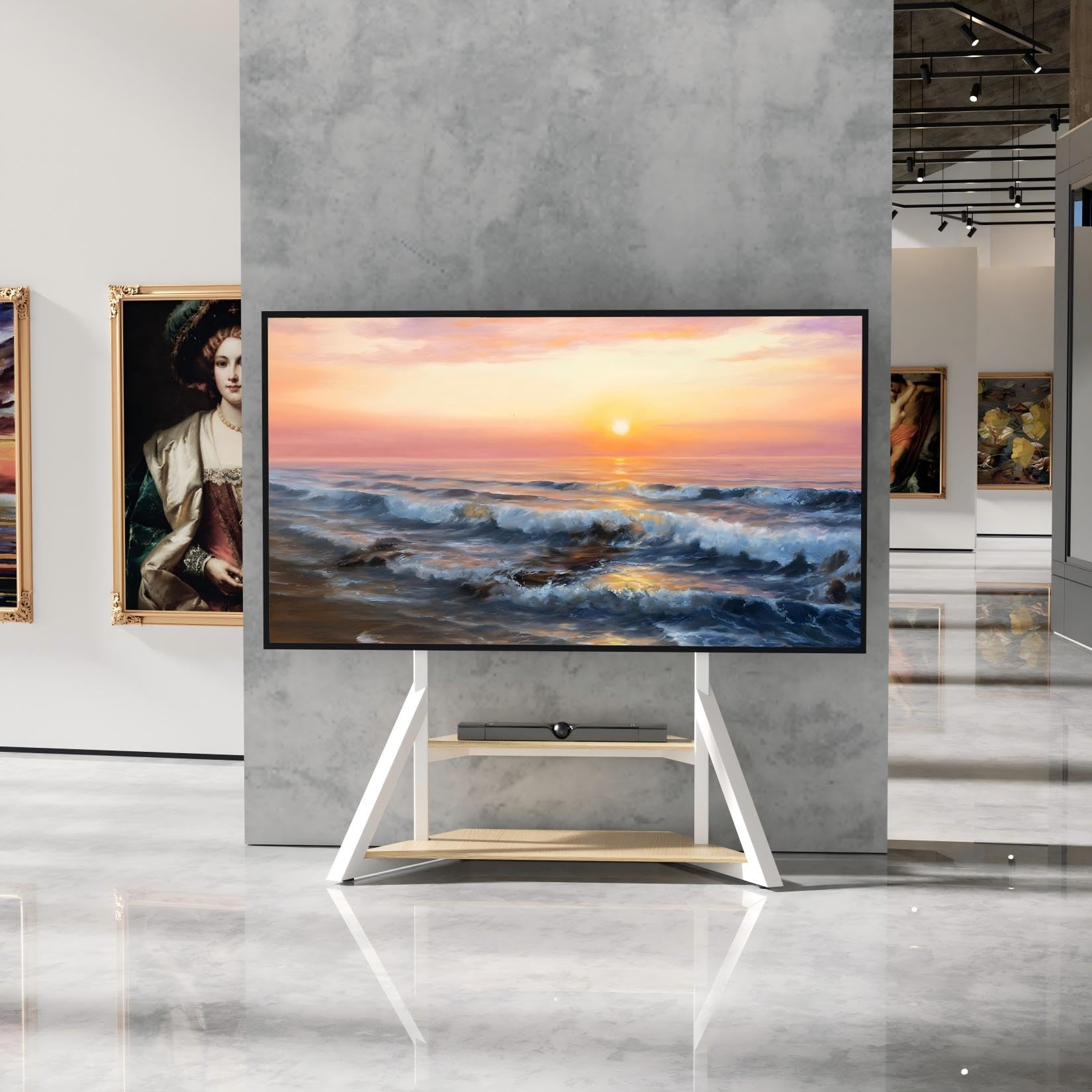UNHO Supporto TV da Pavimento con Ruote Bianco: Supporto TV Mobile con Rotelle per 65-100 Pollici, Peso Max 100kg Base Solida per Schermi Giganti, Max VESA 800x600mm, Regolabile in Altezza