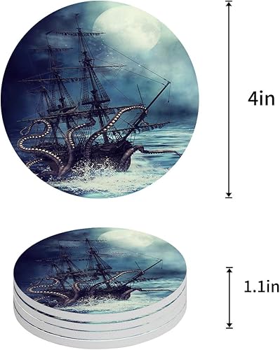 Miniatura 2 de Kraken Octopus Monster Pirate Ship - Juego de 4 posavasos de cerámica redonda absorbente con respaldo de corcho para el hogar, regalo de